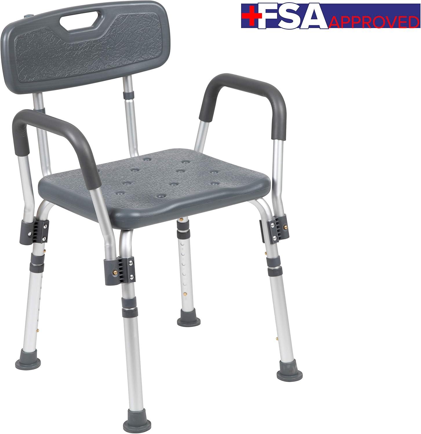 imageFlash Furniture HERCULES Series 300 Lb Capacity Adjustable White Bath ampamp Shower Chair with Quick Release Back ampamp ArmsGrey