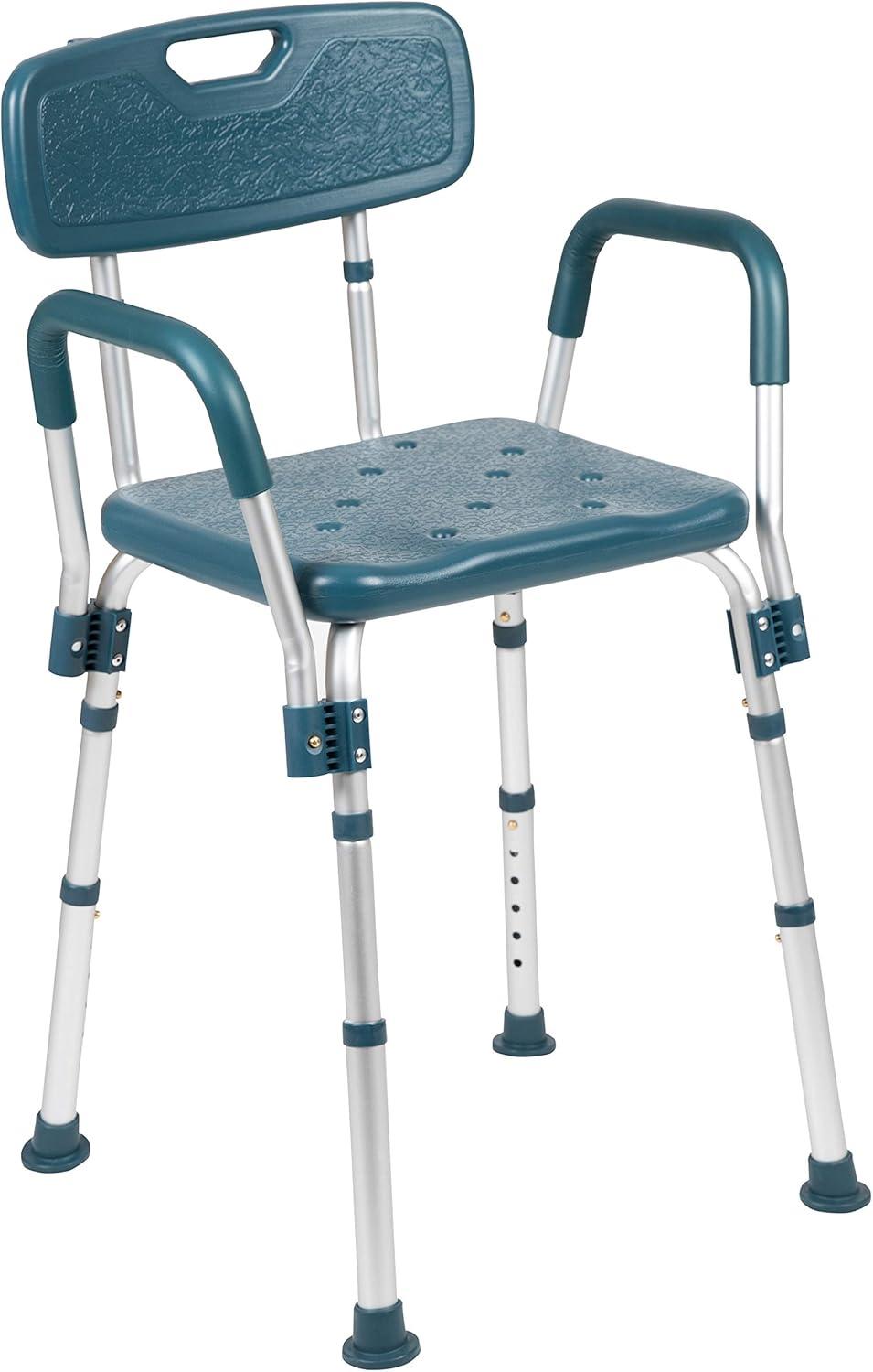 imageFlash Furniture HERCULES Series 300 Lb Capacity Adjustable White Bath ampamp Shower Chair with Quick Release Back ampamp ArmsNavy