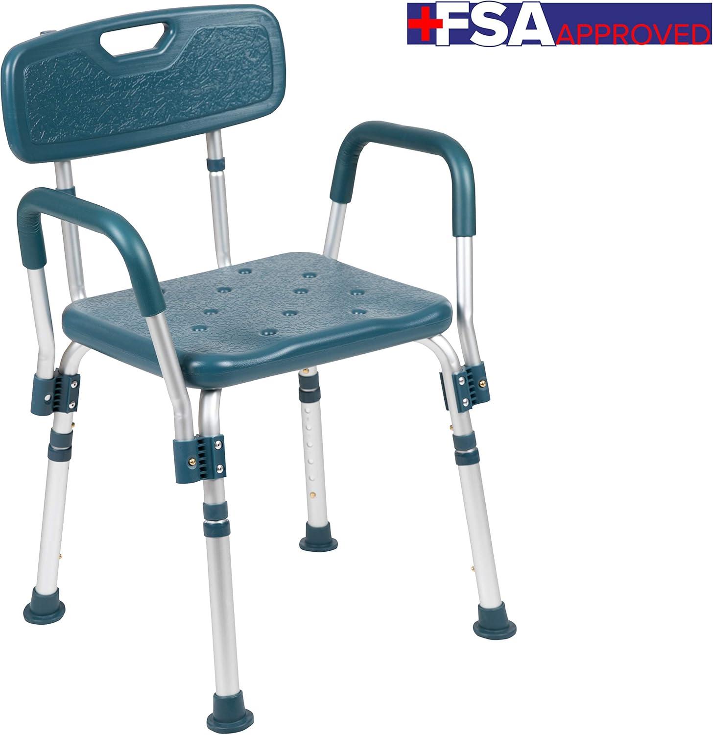 imageFlash Furniture HERCULES Series 300 Lb Capacity Adjustable White Bath ampamp Shower Chair with Quick Release Back ampamp ArmsNavy