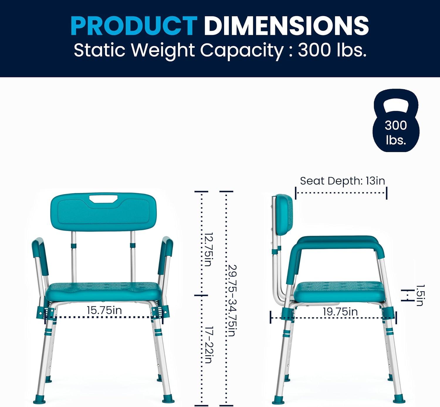 imageFlash Furniture HERCULES Series 300 Lb Capacity Adjustable White Bath ampamp Shower Chair with Quick Release Back ampamp ArmsTeal