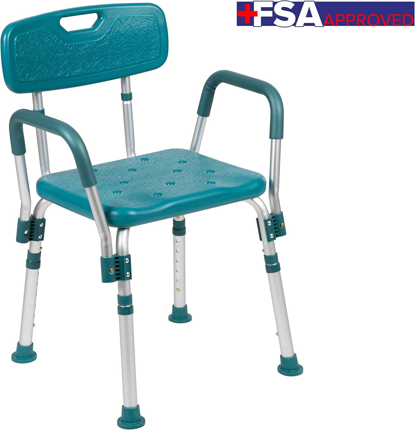 imageFlash Furniture HERCULES Series 300 Lb Capacity Adjustable White Bath ampamp Shower Chair with Quick Release Back ampamp ArmsTeal