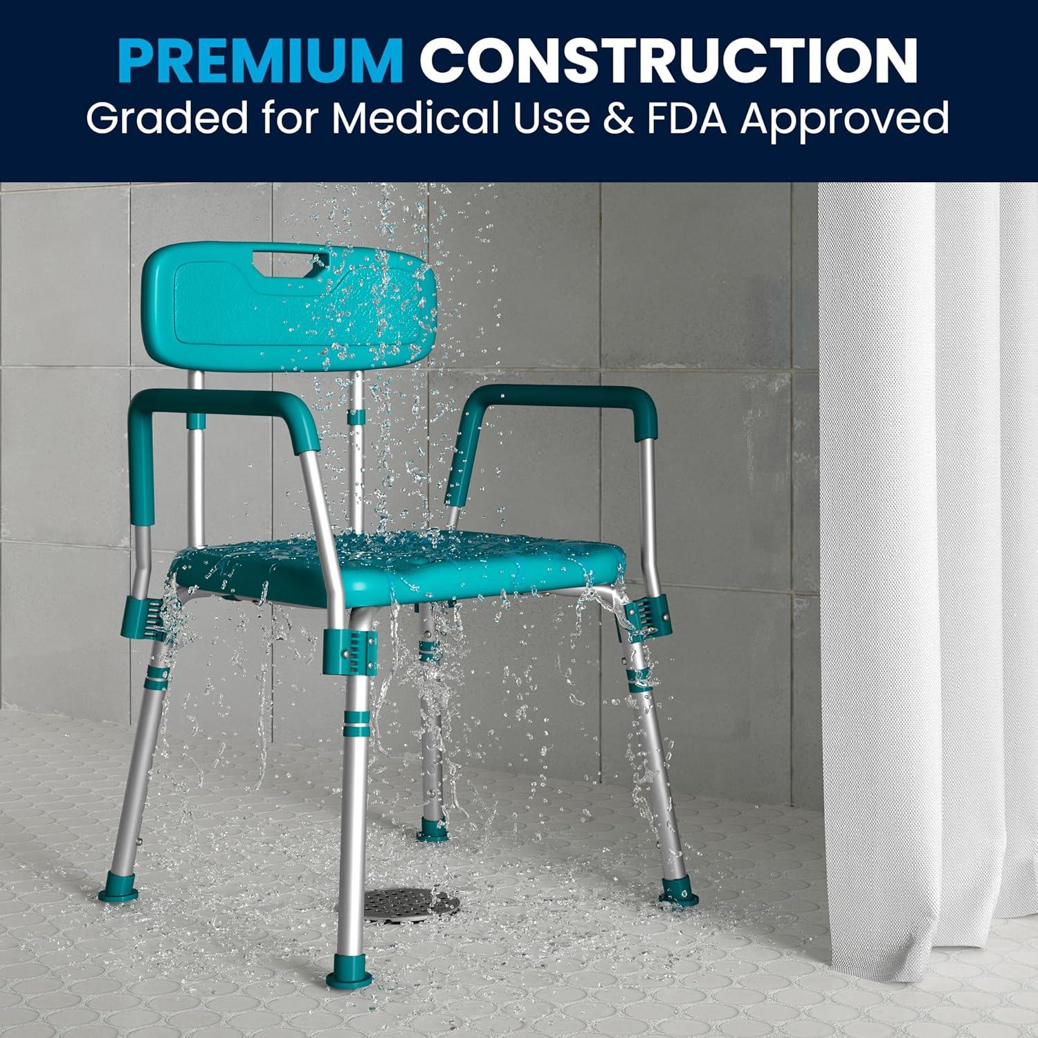 imageFlash Furniture HERCULES Series 300 Lb Capacity Adjustable White Bath ampamp Shower Chair with Quick Release Back ampamp ArmsTeal