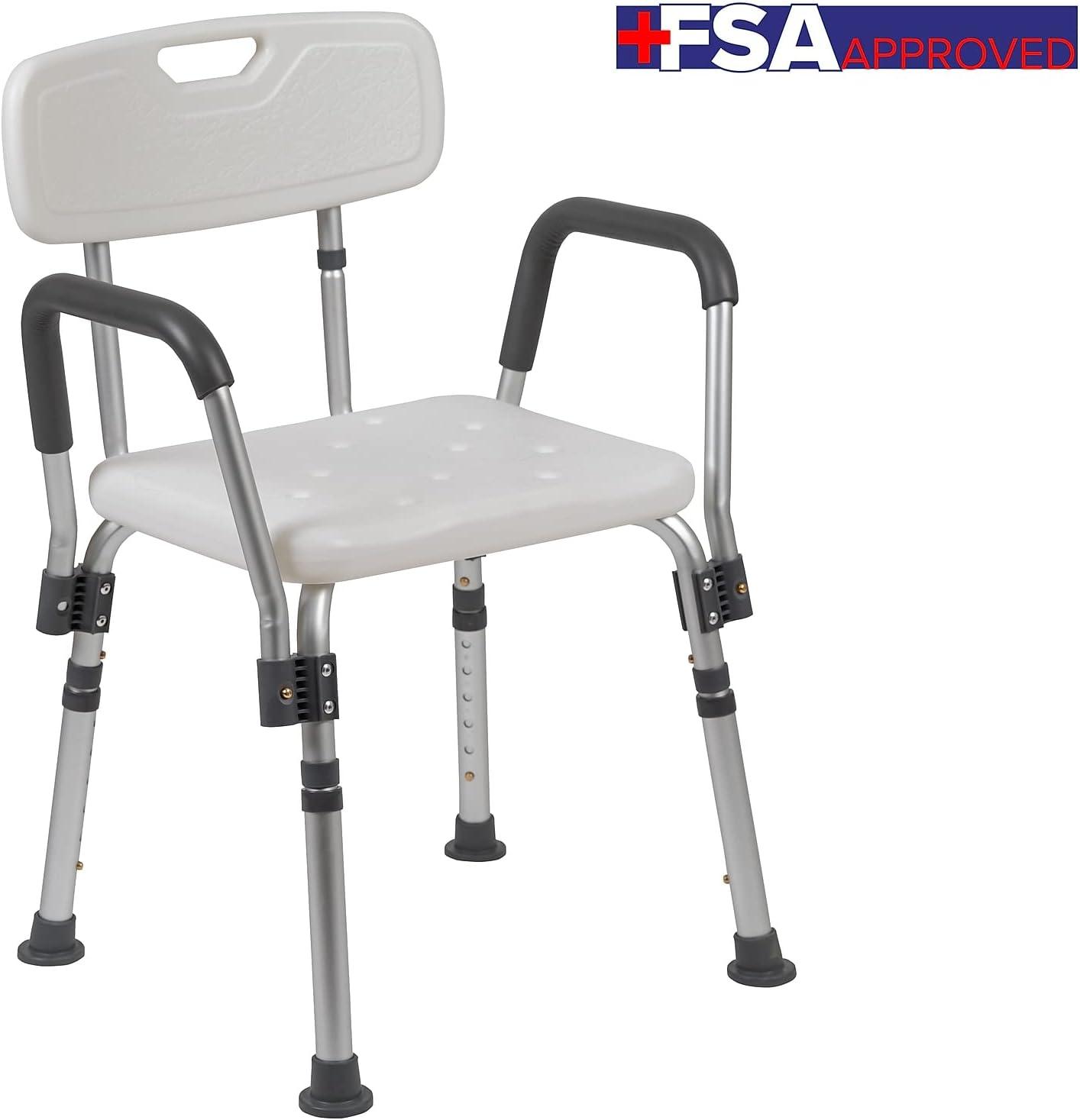 imageFlash Furniture HERCULES Series 300 Lb Capacity Adjustable White Bath ampamp Shower Chair with Quick Release Back ampamp ArmsWhite