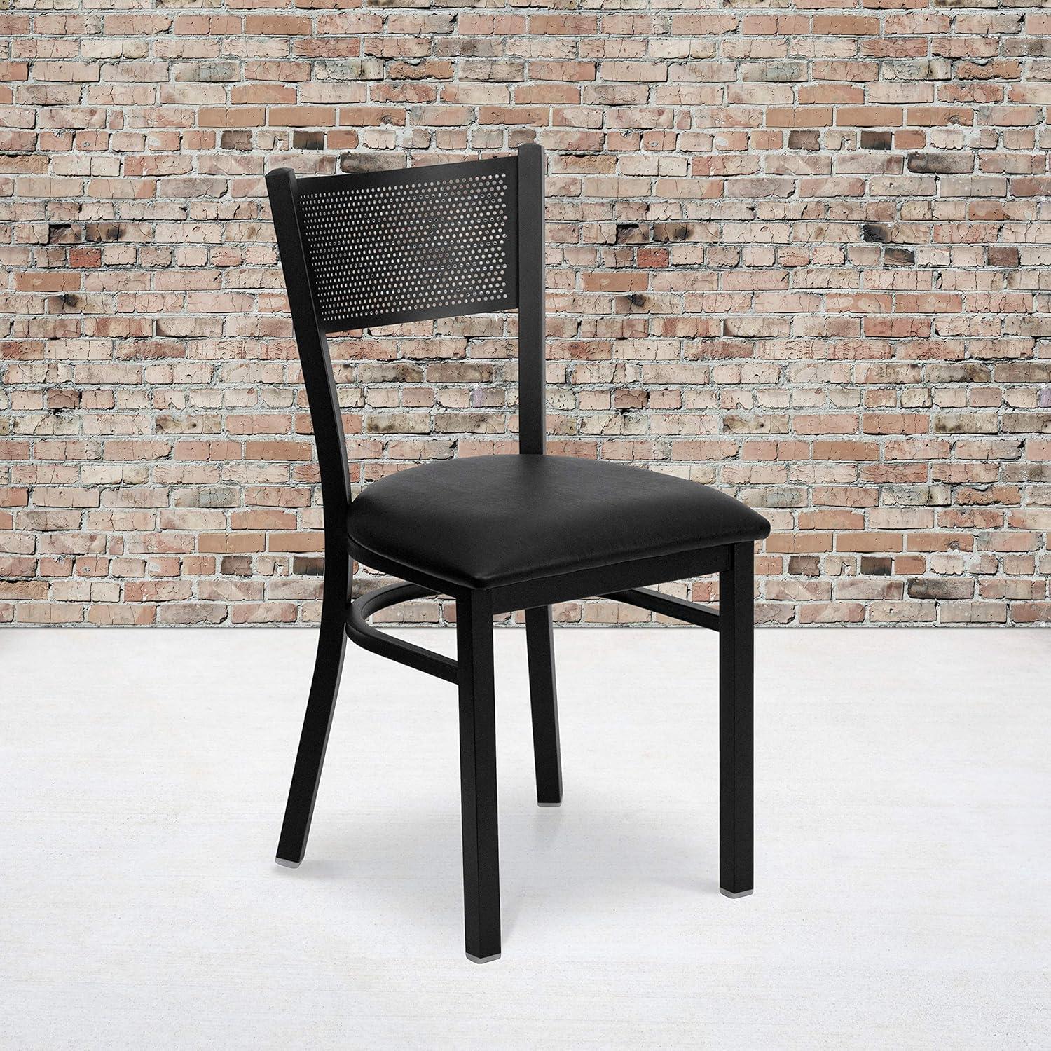 imageFlash Furniture HERCULES Series Black Grid Back Metal Restaurant Chair Walnut Wood SeatBlack Vinyl SeatBlack Metal Frame