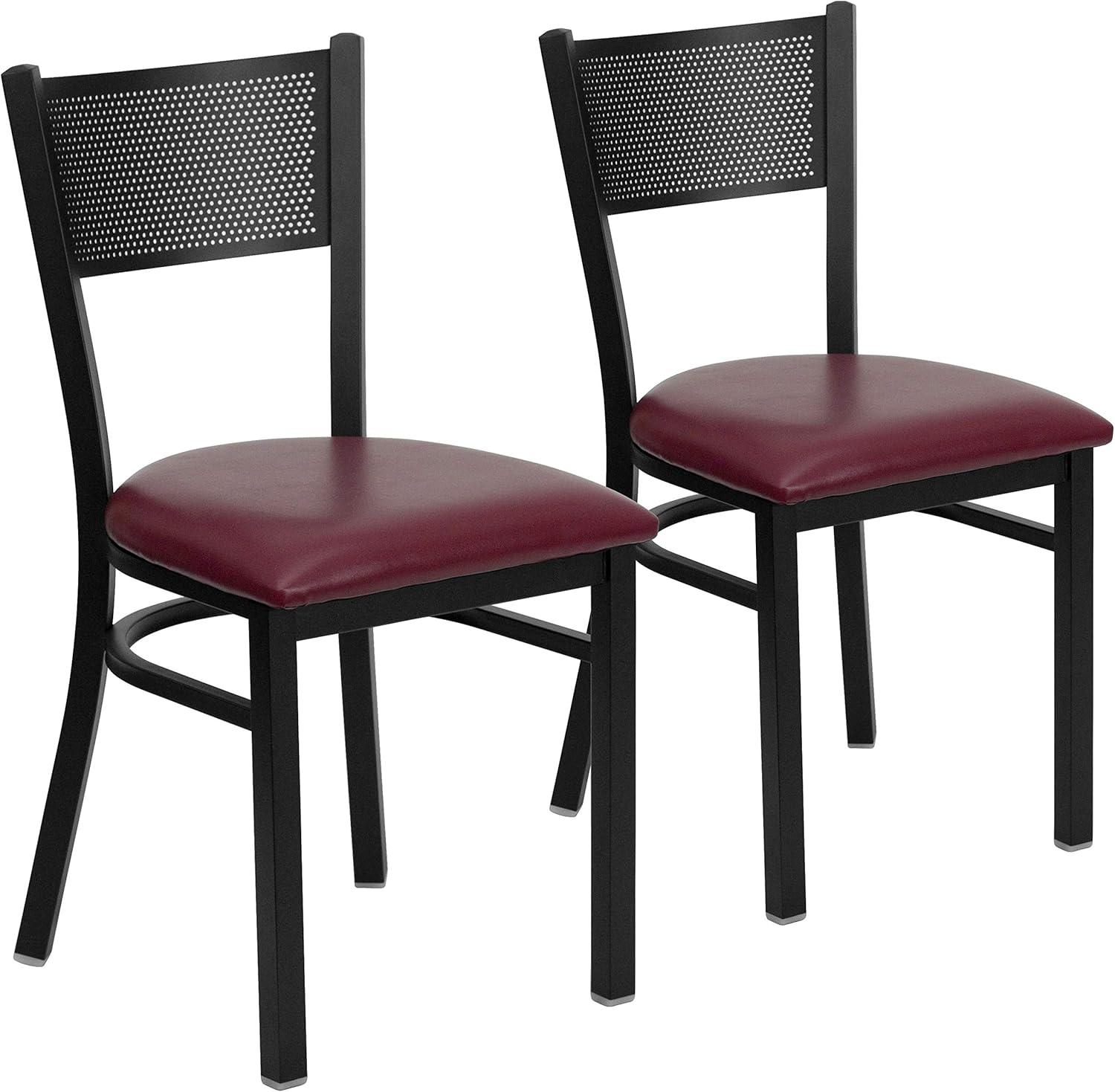imageFlash Furniture HERCULES Series Black Grid Back Metal Restaurant Chair Walnut Wood SeatBurgundy Vinyl SeatBlack Metal Frame