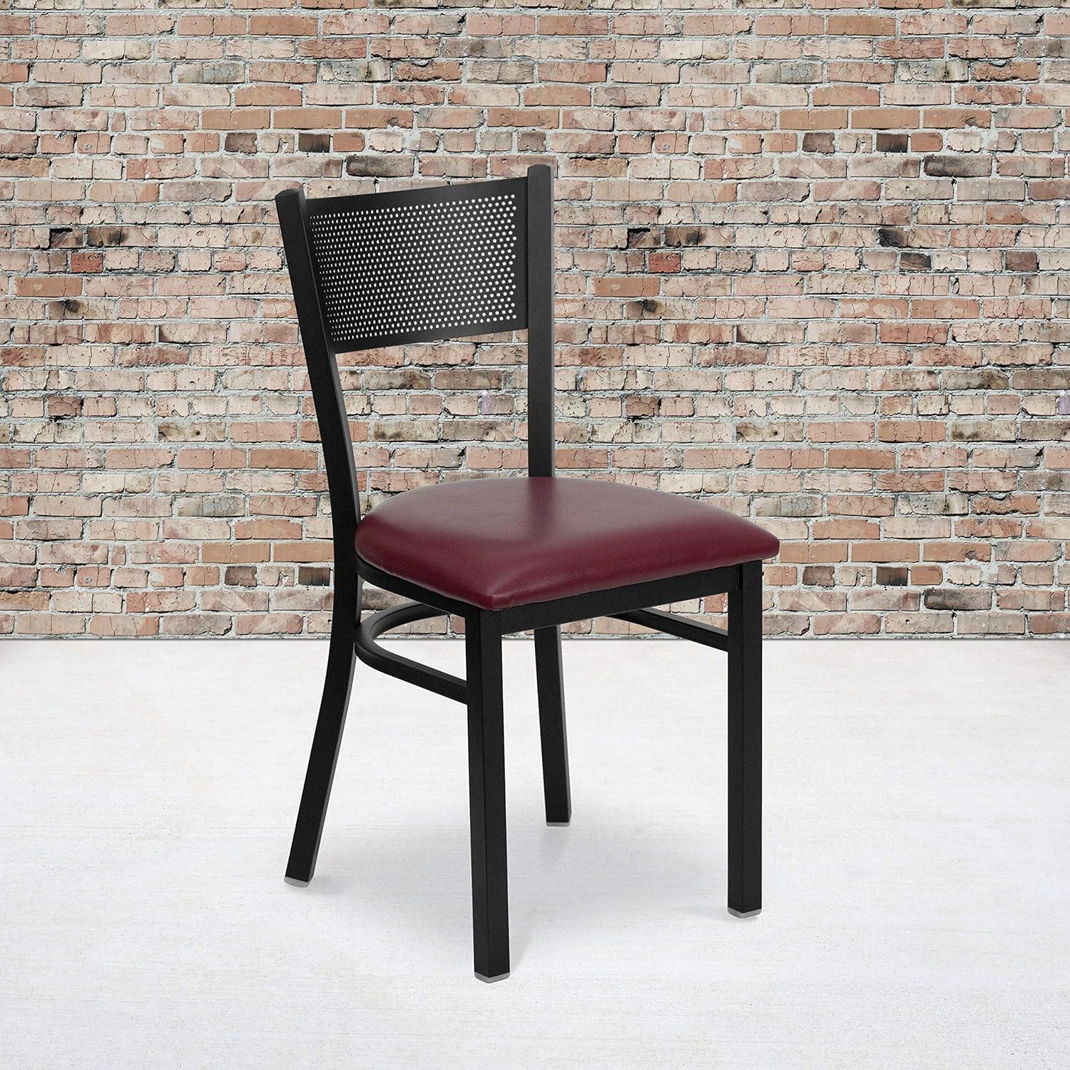 imageFlash Furniture HERCULES Series Black Grid Back Metal Restaurant Chair Walnut Wood SeatBurgundy Vinyl SeatBlack Metal Frame