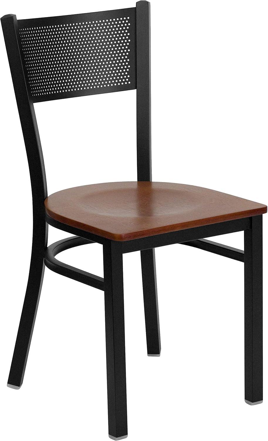 imageFlash Furniture HERCULES Series Black Grid Back Metal Restaurant Chair Walnut Wood SeatCherry Wood SeatBlack Metal Frame