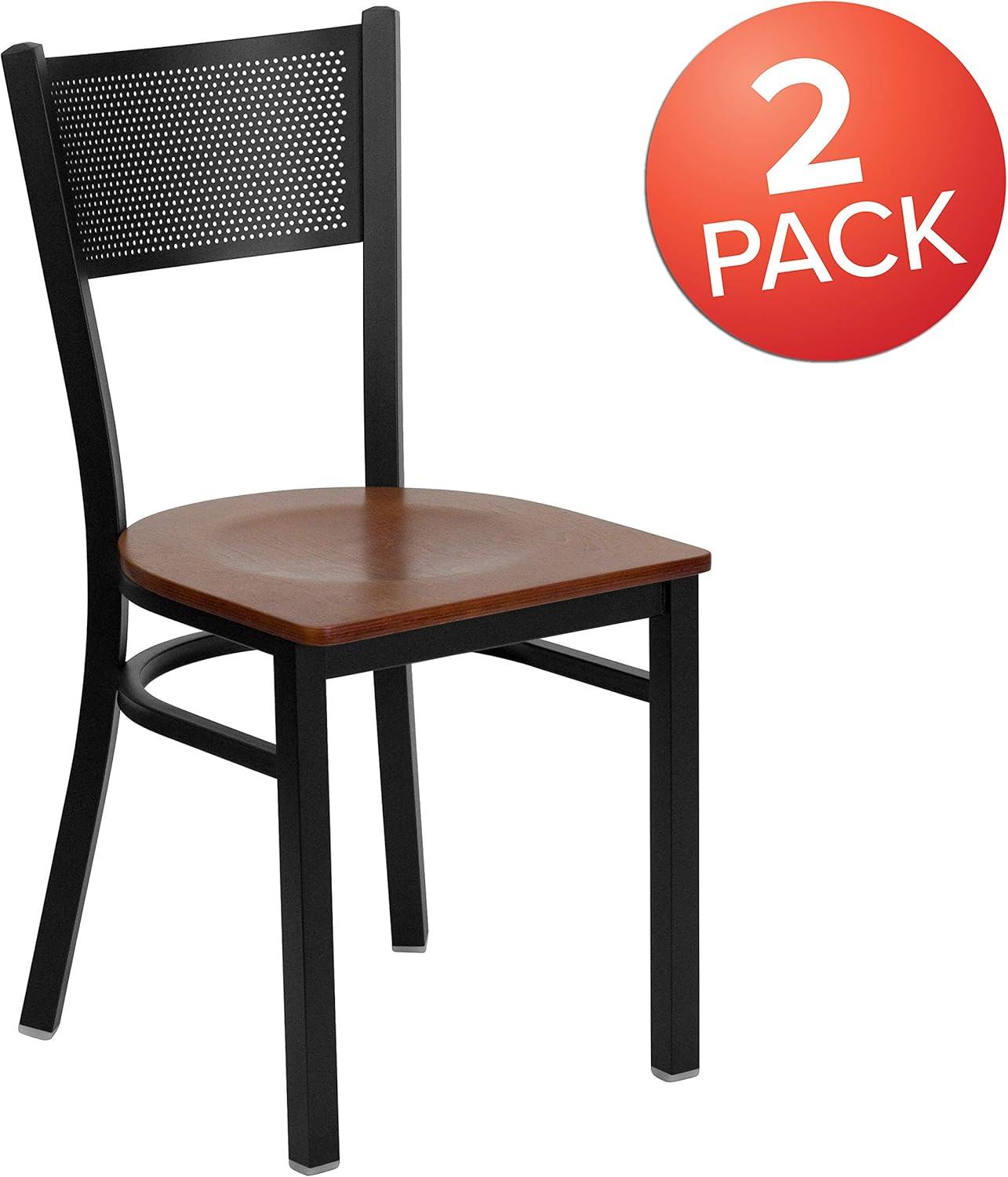 imageFlash Furniture HERCULES Series Black Grid Back Metal Restaurant Chair Walnut Wood SeatCherry Wood SeatBlack Metal Frame