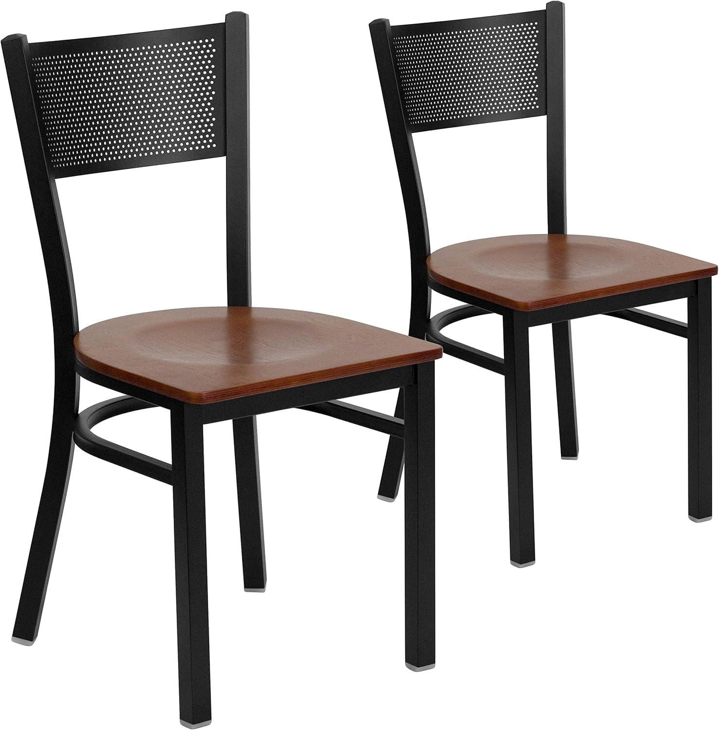 imageFlash Furniture HERCULES Series Black Grid Back Metal Restaurant Chair Walnut Wood SeatCherry Wood SeatBlack Metal Frame