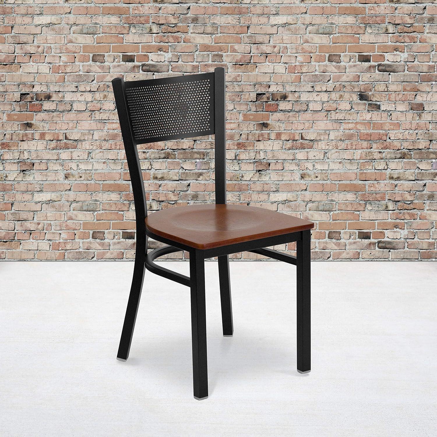 imageFlash Furniture HERCULES Series Black Grid Back Metal Restaurant Chair Walnut Wood SeatCherry Wood SeatBlack Metal Frame