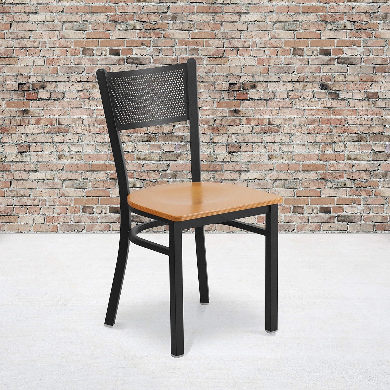 imageFlash Furniture HERCULES Series Black Grid Back Metal Restaurant Chair Walnut Wood SeatNatural Wood SeatBlack Metal Frame