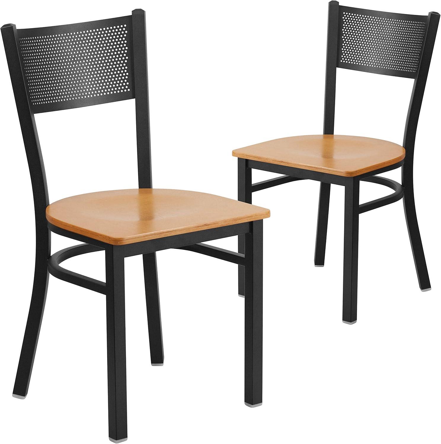 imageFlash Furniture HERCULES Series Black Grid Back Metal Restaurant Chair Walnut Wood SeatNatural Wood SeatBlack Metal Frame