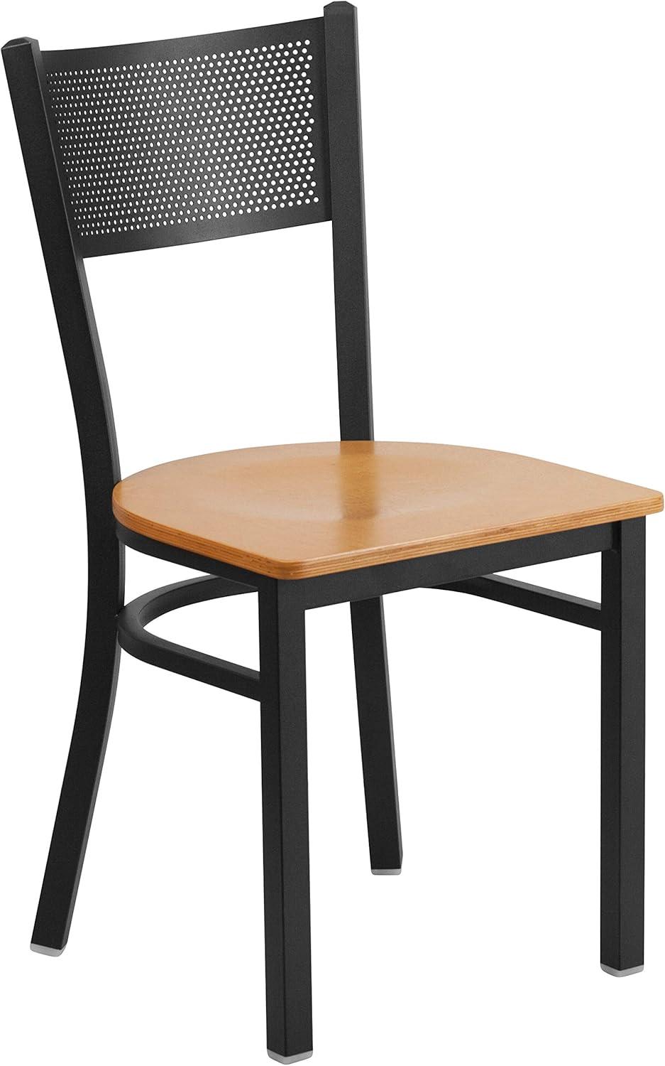 imageFlash Furniture HERCULES Series Black Grid Back Metal Restaurant Chair Walnut Wood SeatNatural Wood SeatBlack Metal Frame