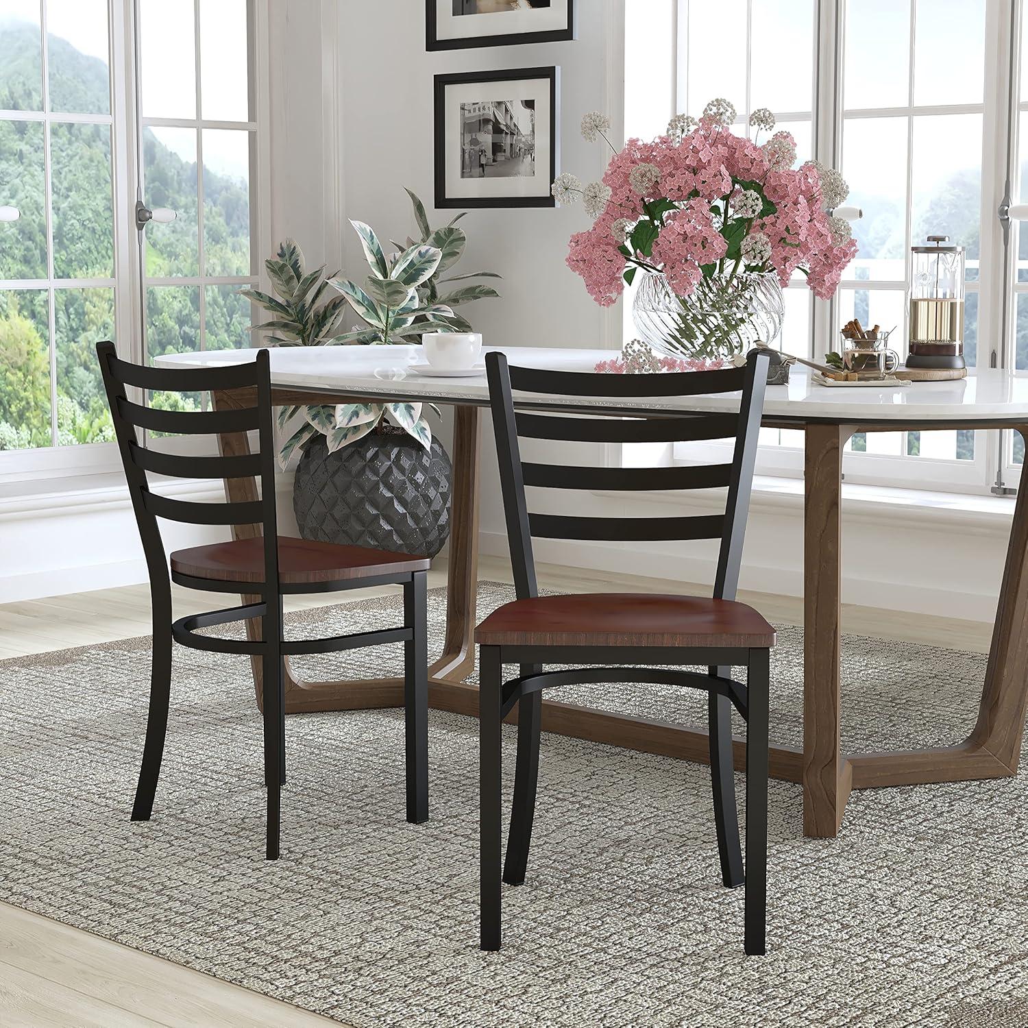 imageFlash Furniture HERCULES Series Black Ladder Back Metal Restaurant Chair Black Vinyl SeatMahogany Wood