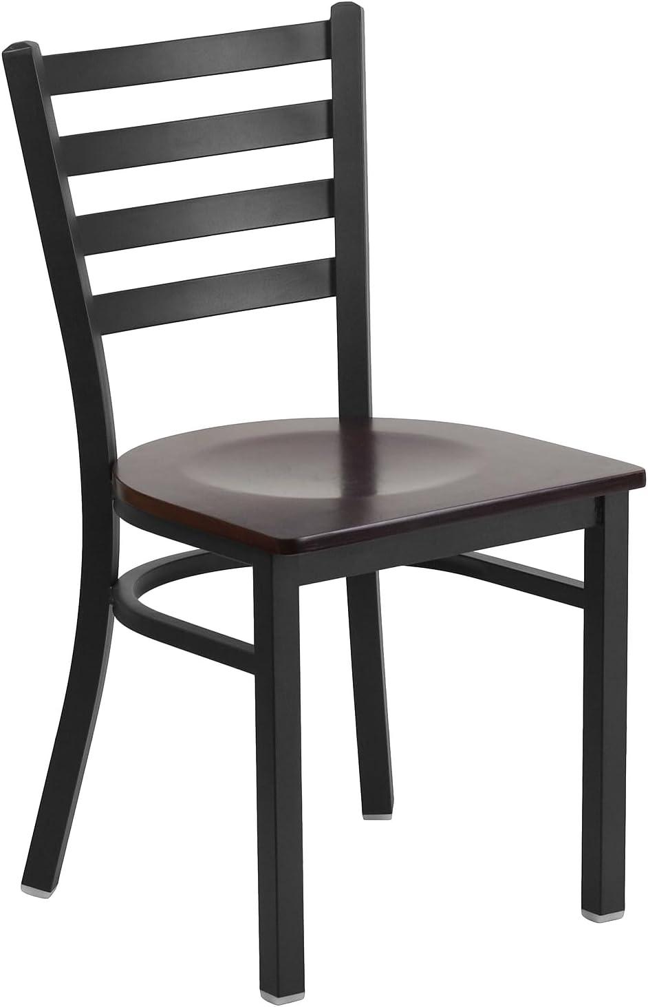 imageFlash Furniture HERCULES Series Black Ladder Back Metal Restaurant Chair Black Vinyl SeatWalnut Wood
