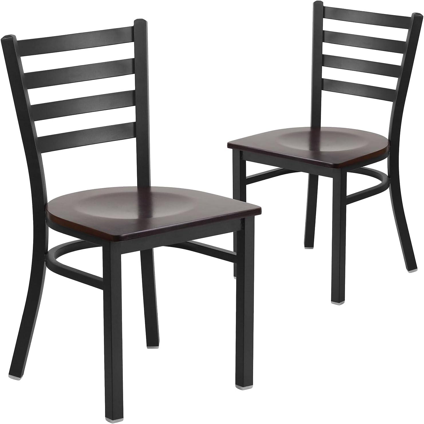 imageFlash Furniture HERCULES Series Black Ladder Back Metal Restaurant Chair Black Vinyl SeatWalnut Wood