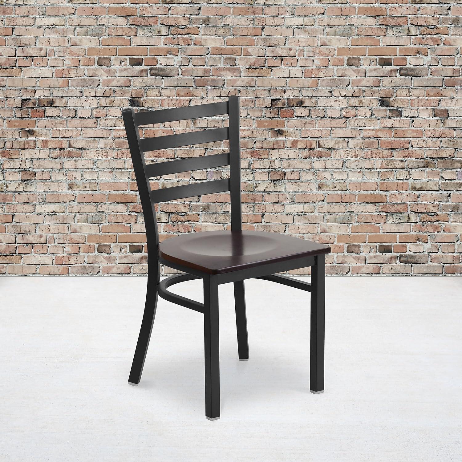 imageFlash Furniture HERCULES Series Black Ladder Back Metal Restaurant Chair Black Vinyl SeatWalnut Wood