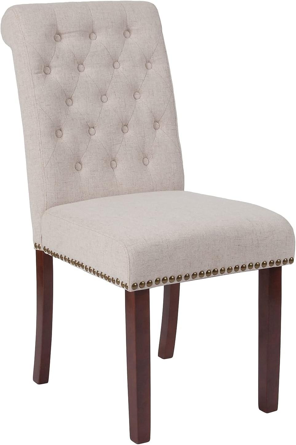 imageFlash Furniture HERCULES Series Black LeatherSoft Parsons Chair with Rolled Back Accent Nail Trim and Walnut FinishBeige Fabric
