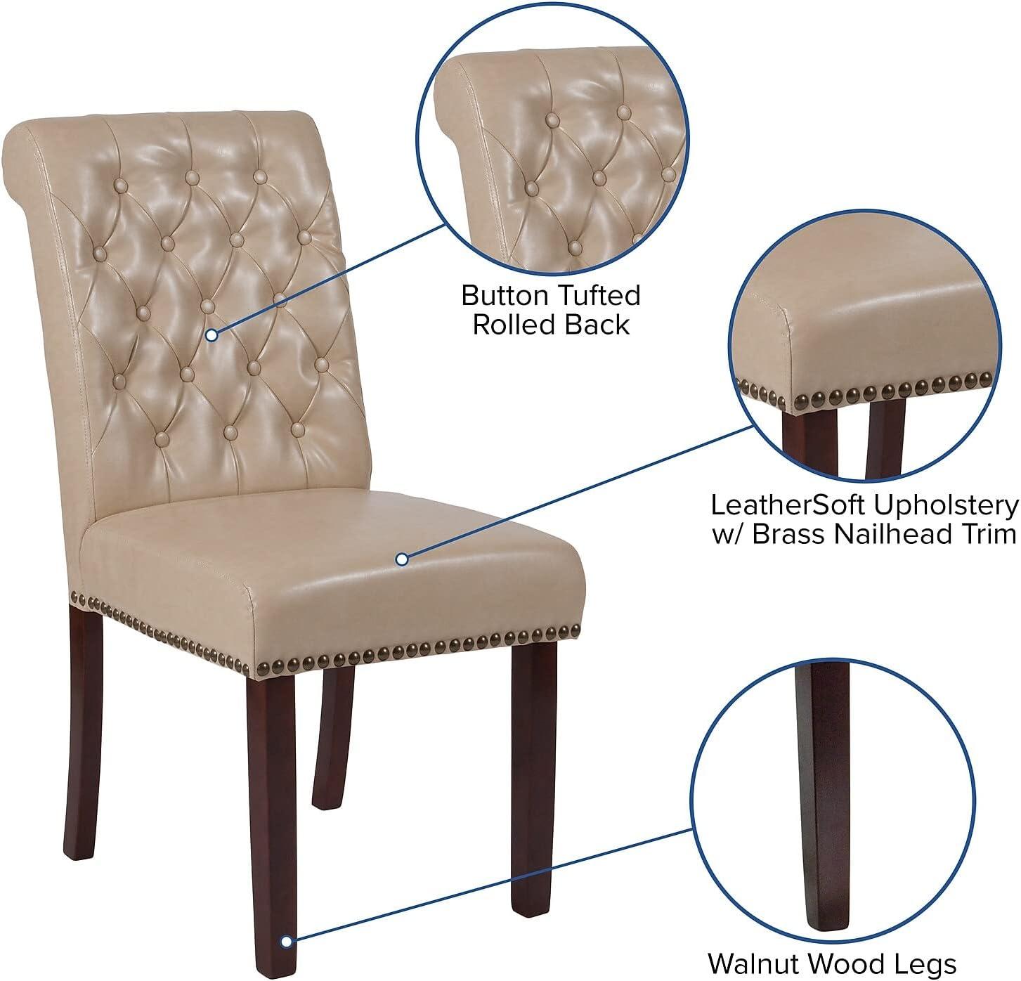 imageFlash Furniture HERCULES Series Black LeatherSoft Parsons Chair with Rolled Back Accent Nail Trim and Walnut FinishBeige Leathersoft