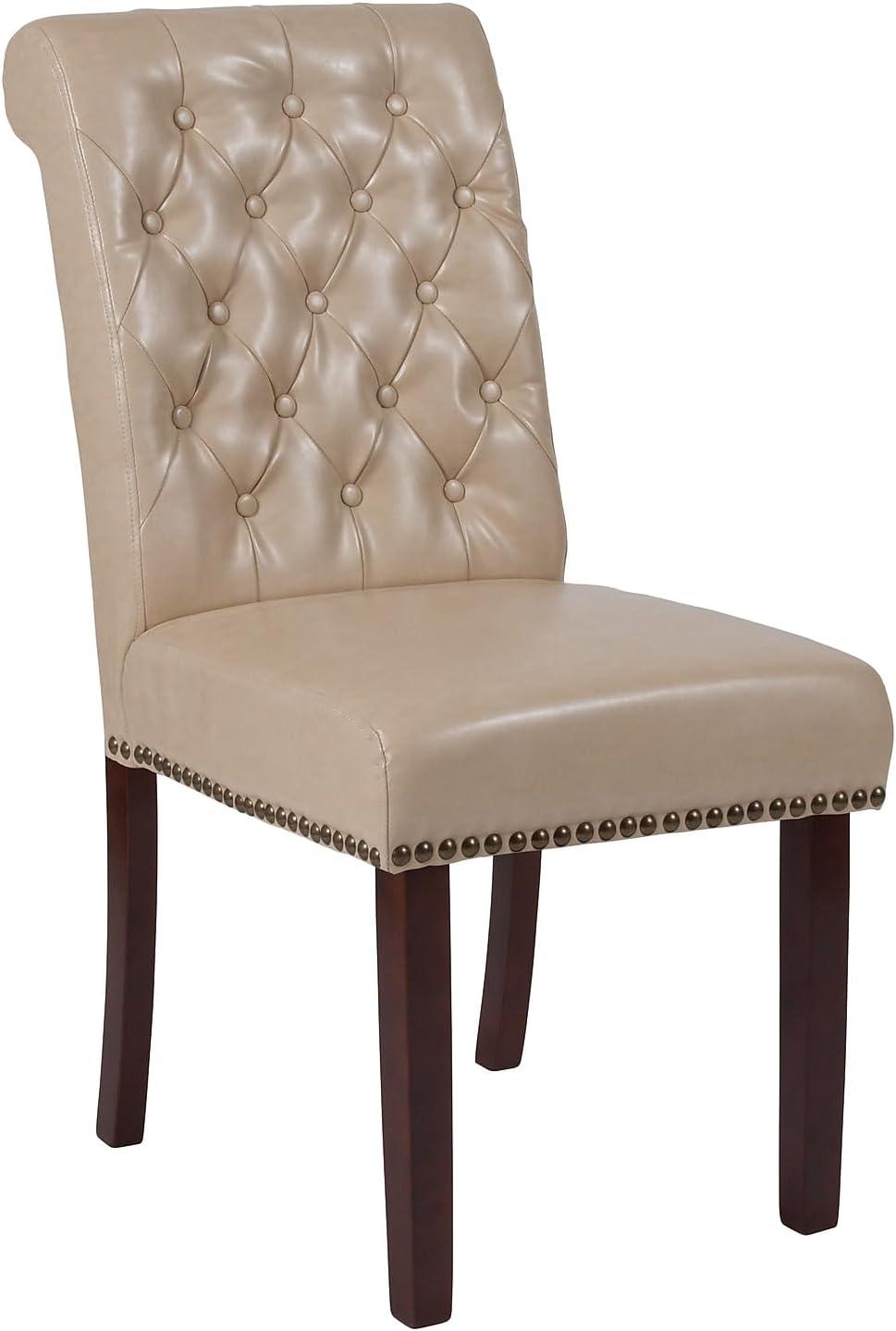 imageFlash Furniture HERCULES Series Black LeatherSoft Parsons Chair with Rolled Back Accent Nail Trim and Walnut FinishBeige Leathersoft