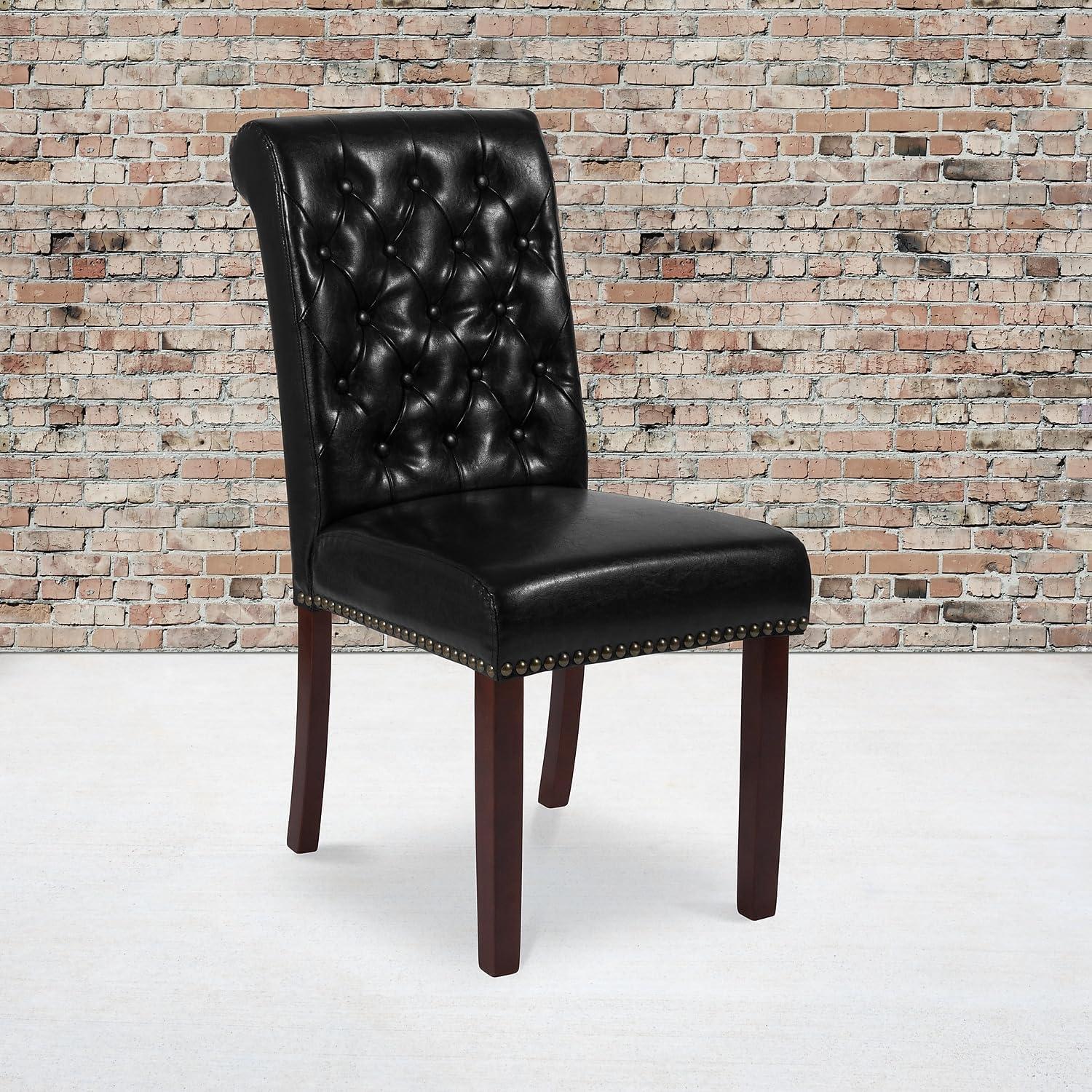 imageFlash Furniture HERCULES Series Black LeatherSoft Parsons Chair with Rolled Back Accent Nail Trim and Walnut FinishBlack Leathersoft