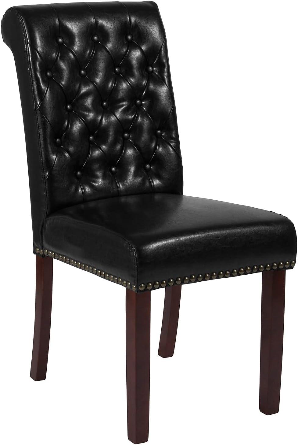 imageFlash Furniture HERCULES Series Black LeatherSoft Parsons Chair with Rolled Back Accent Nail Trim and Walnut FinishBlack Leathersoft