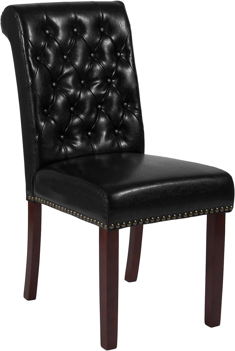 imageFlash Furniture HERCULES Series Black LeatherSoft Parsons Chair with Rolled Back Accent Nail Trim and Walnut FinishBlack Leathersoft