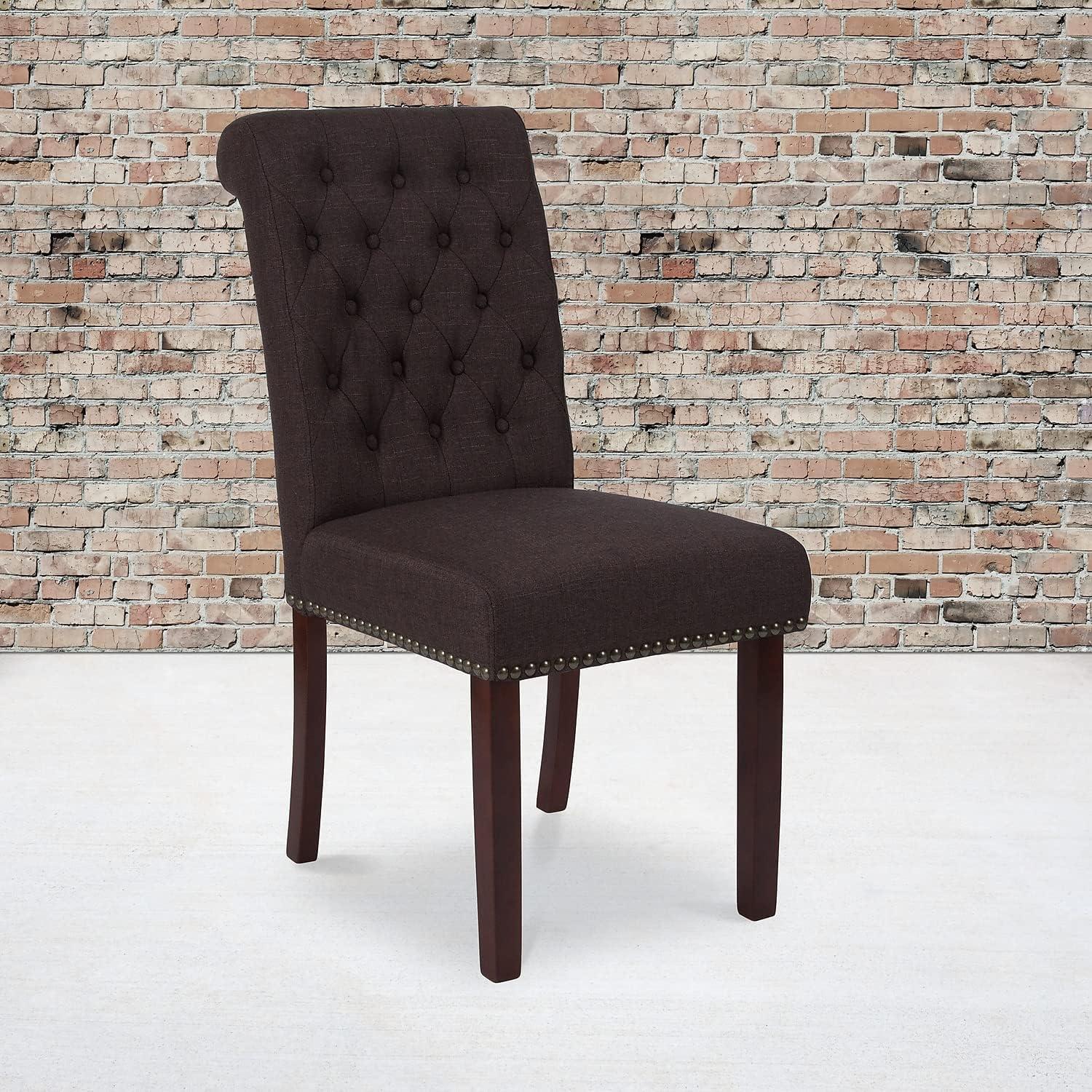 imageFlash Furniture HERCULES Series Black LeatherSoft Parsons Chair with Rolled Back Accent Nail Trim and Walnut FinishBrown Fabric