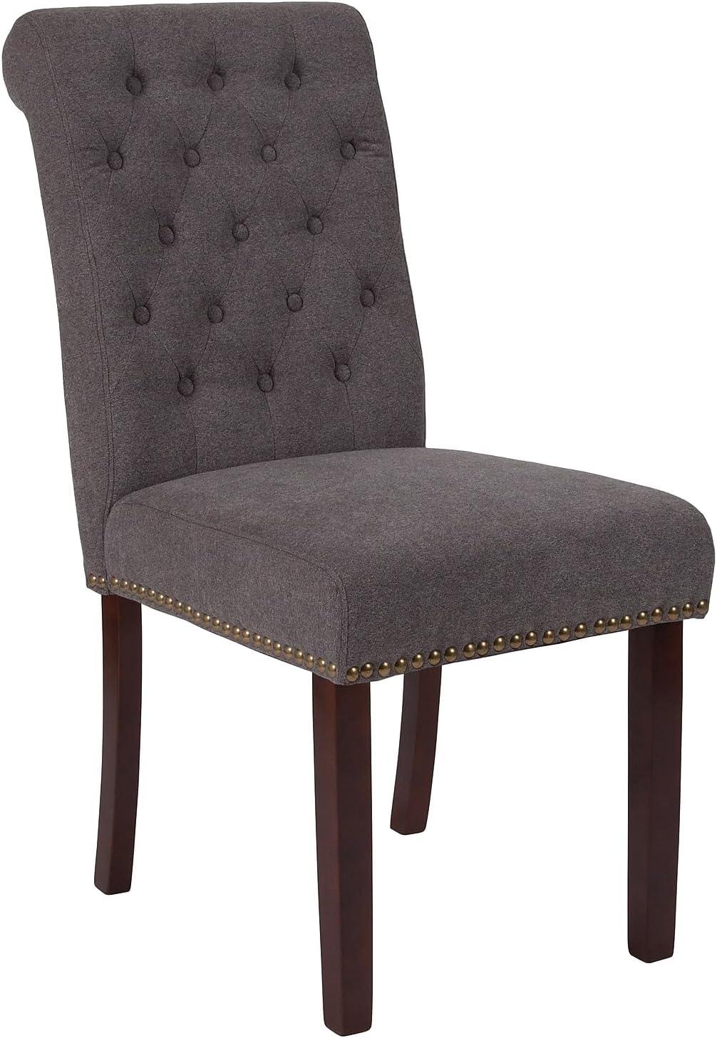 imageFlash Furniture HERCULES Series Black LeatherSoft Parsons Chair with Rolled Back Accent Nail Trim and Walnut FinishDark Gray Fabric