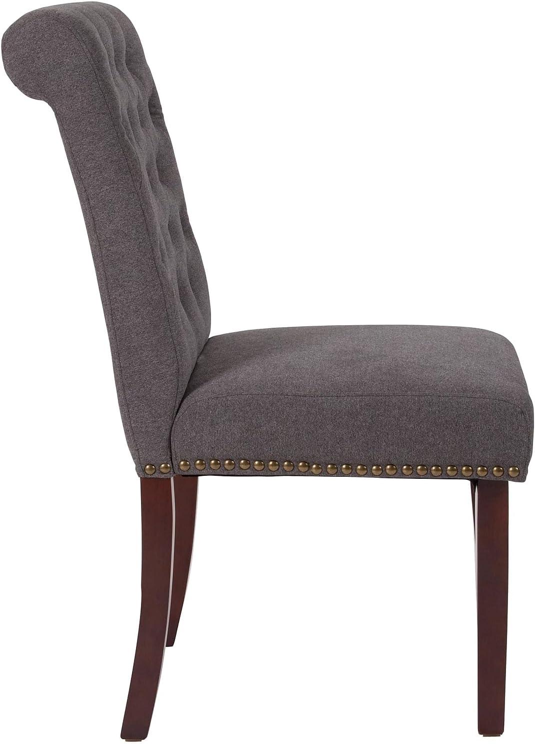 imageFlash Furniture HERCULES Series Black LeatherSoft Parsons Chair with Rolled Back Accent Nail Trim and Walnut FinishDark Gray Fabric