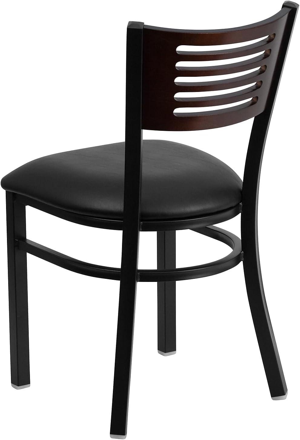 imageFlash Furniture HERCULES Series Black Slat Back Metal Restaurant Chair Walnut Wood Back Black Vinyl SeatWalnut Wood BackBlack Vinyl SeatBlack Metal Frame