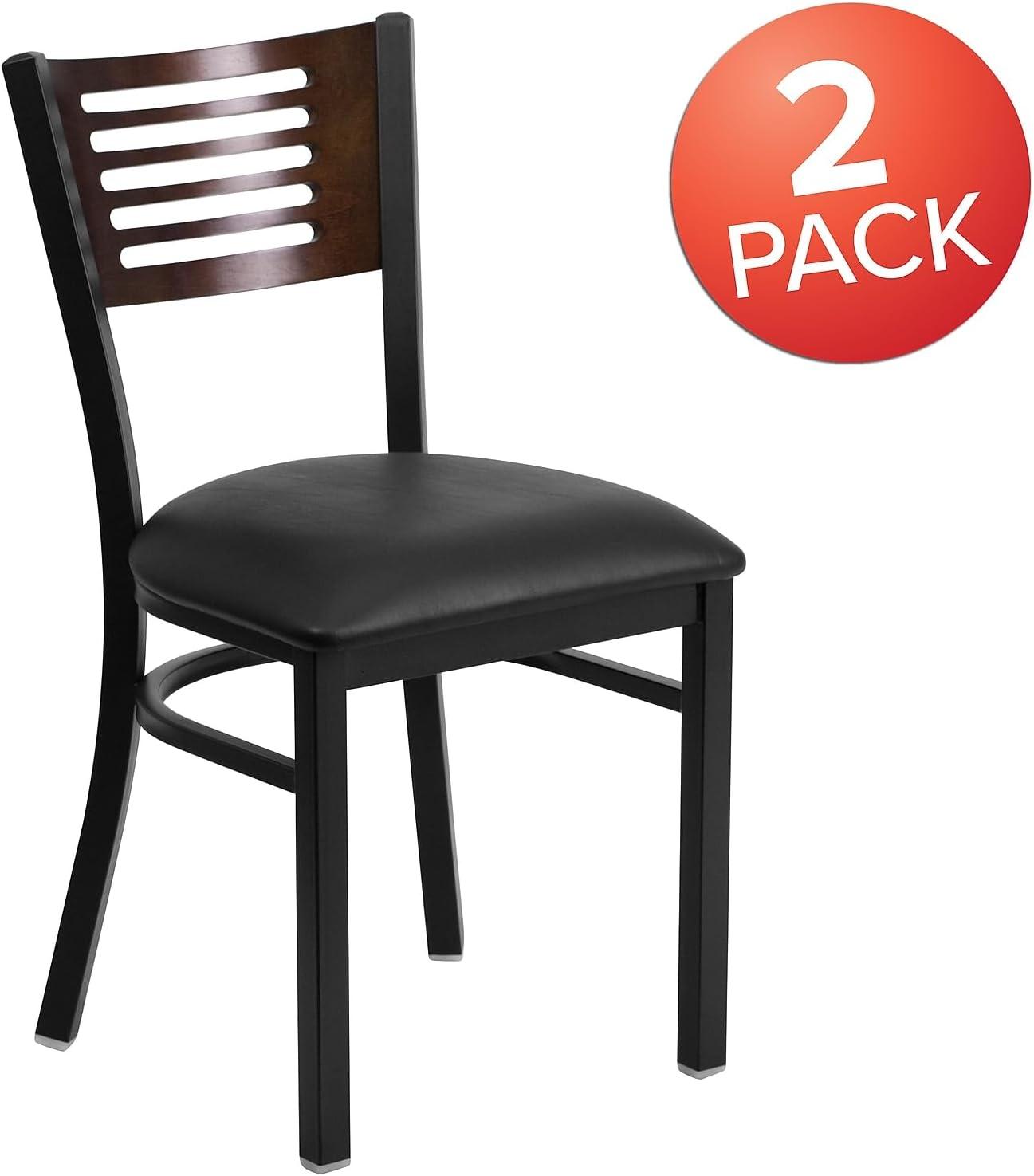 imageFlash Furniture HERCULES Series Black Slat Back Metal Restaurant Chair Walnut Wood Back Black Vinyl SeatWalnut Wood BackBlack Vinyl SeatBlack Metal Frame