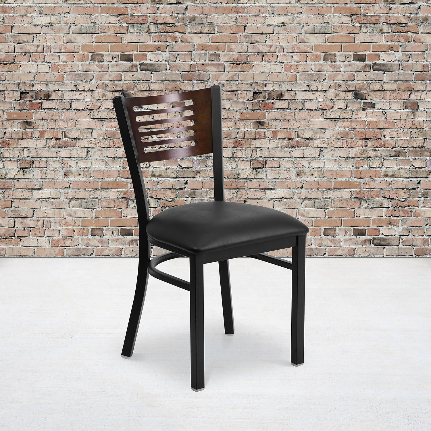 imageFlash Furniture HERCULES Series Black Slat Back Metal Restaurant Chair Walnut Wood Back Black Vinyl SeatWalnut Wood BackBlack Vinyl SeatBlack Metal Frame