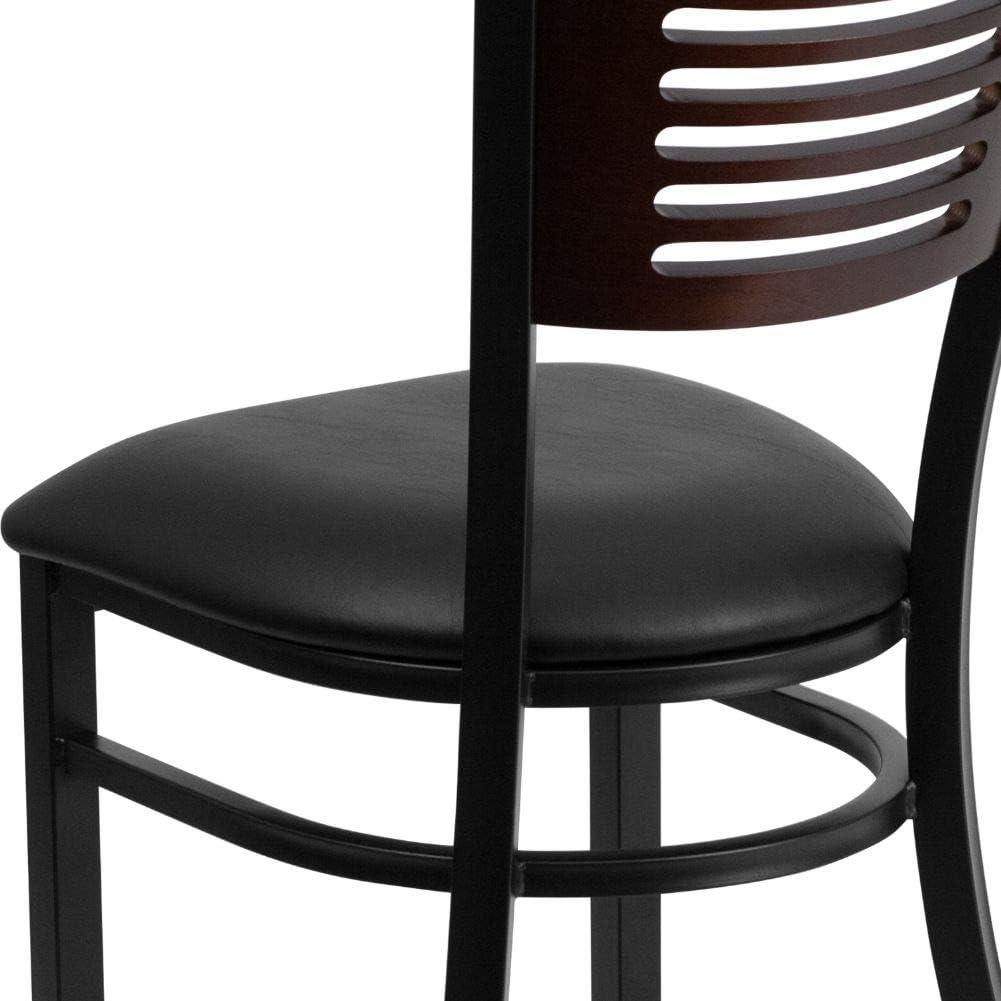 imageFlash Furniture HERCULES Series Black Slat Back Metal Restaurant Chair Walnut Wood Back Black Vinyl SeatWalnut Wood BackBlack Vinyl SeatBlack Metal Frame