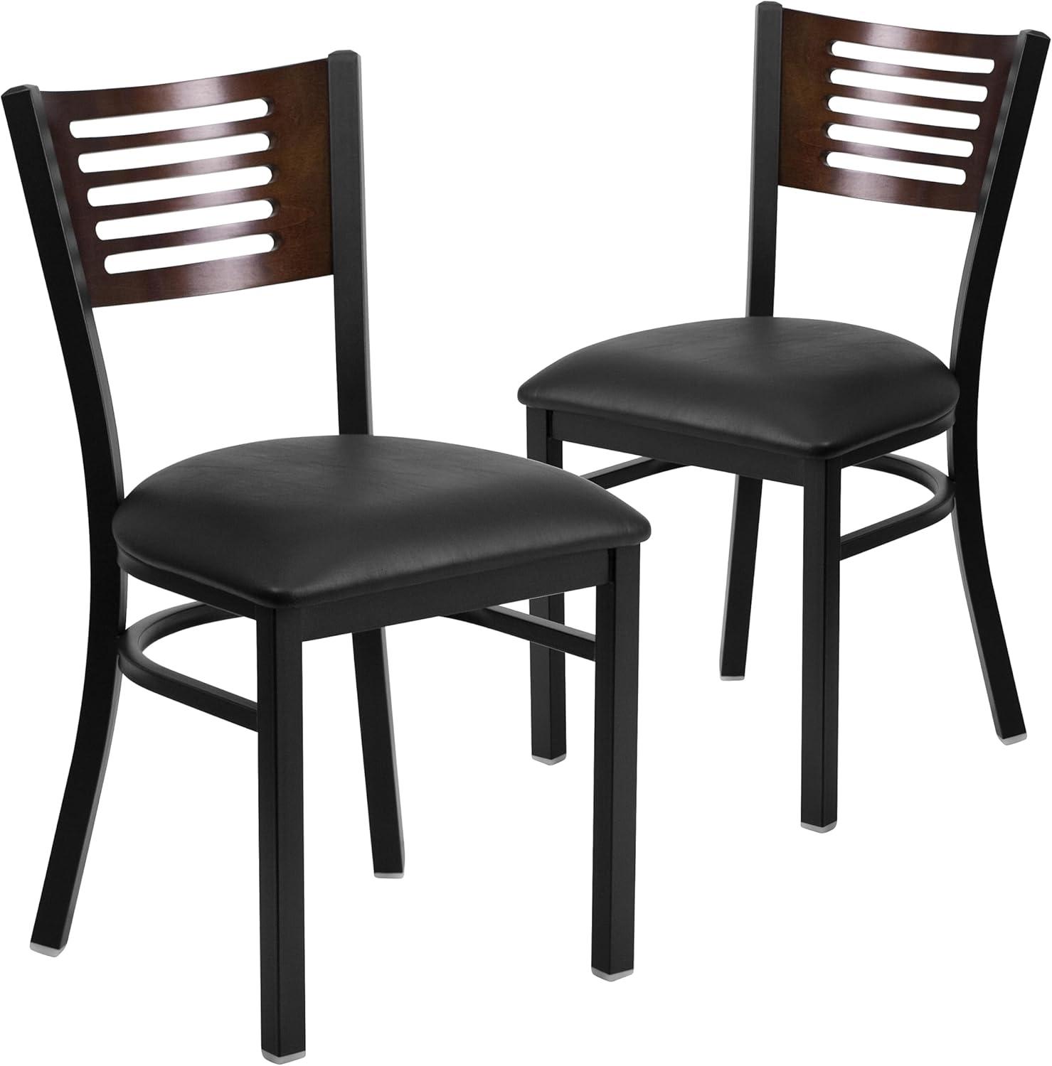imageFlash Furniture HERCULES Series Black Slat Back Metal Restaurant Chair Walnut Wood Back Black Vinyl SeatWalnut Wood BackBlack Vinyl SeatBlack Metal Frame