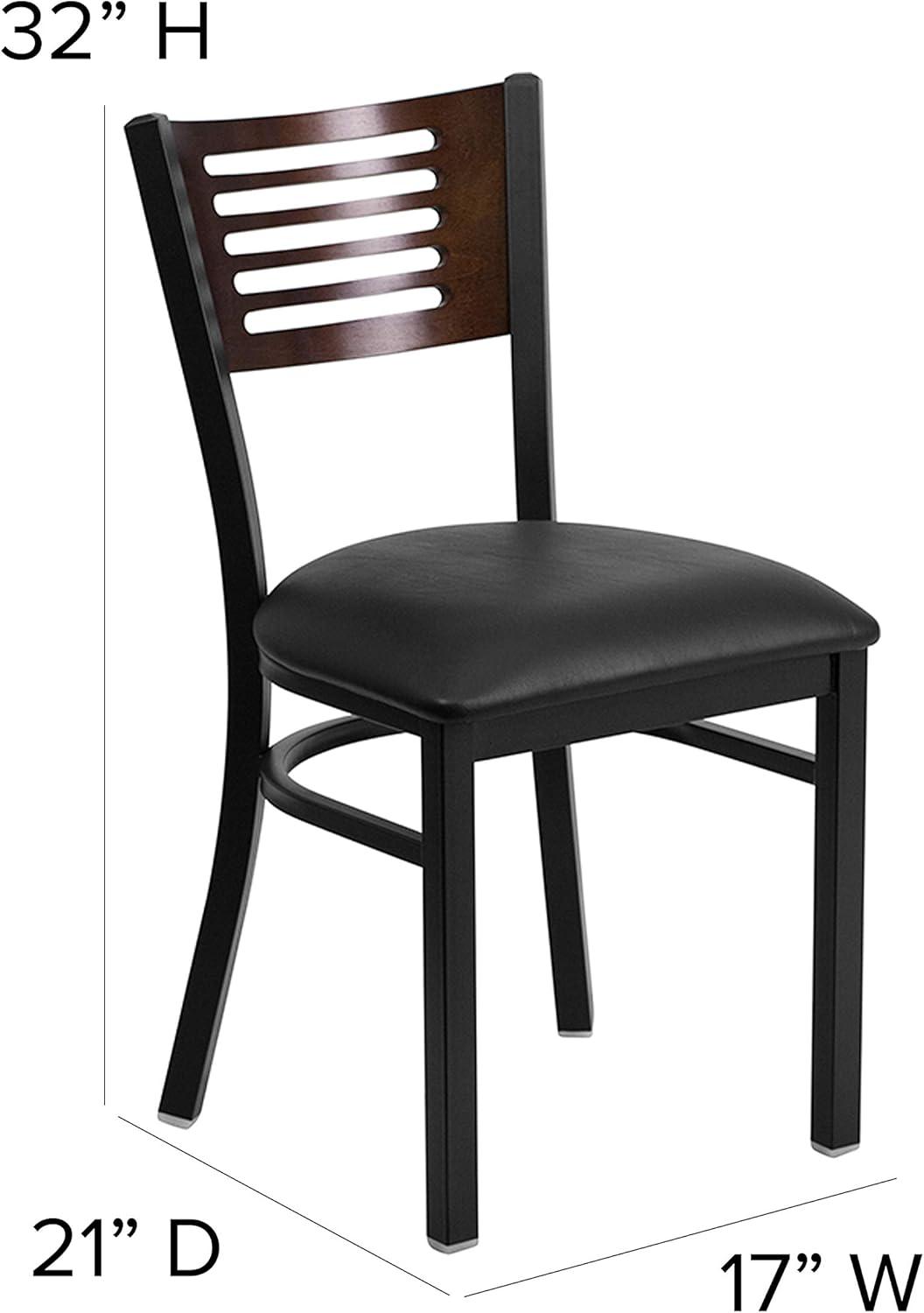 imageFlash Furniture HERCULES Series Black Slat Back Metal Restaurant Chair Walnut Wood Back Black Vinyl SeatWalnut Wood BackBlack Vinyl SeatBlack Metal Frame