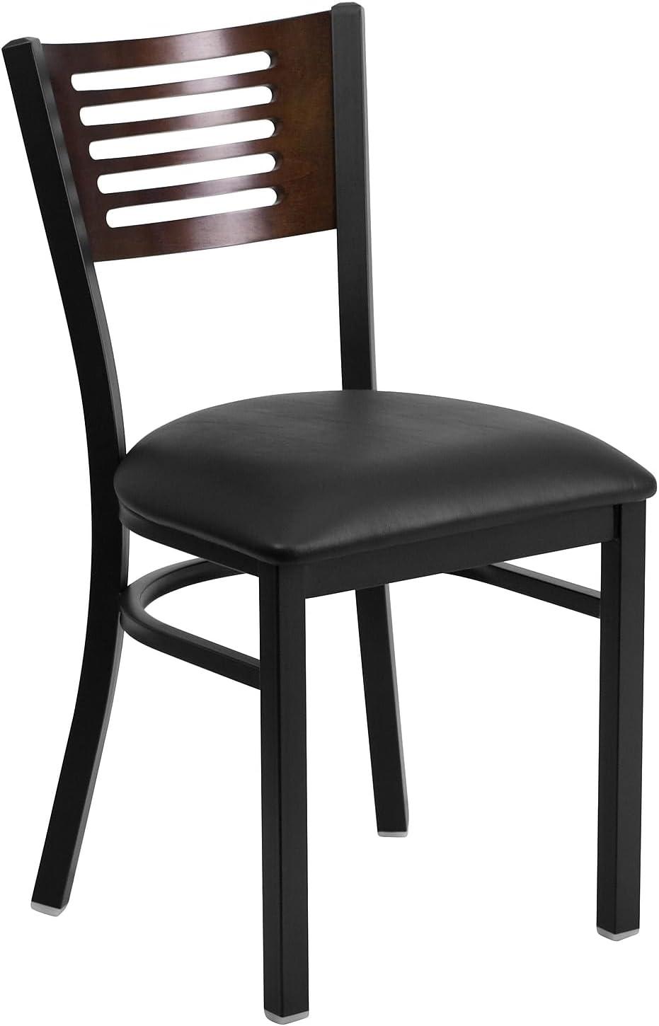 imageFlash Furniture HERCULES Series Black Slat Back Metal Restaurant Chair Walnut Wood Back Black Vinyl SeatWalnut Wood BackBlack Vinyl SeatBlack Metal Frame
