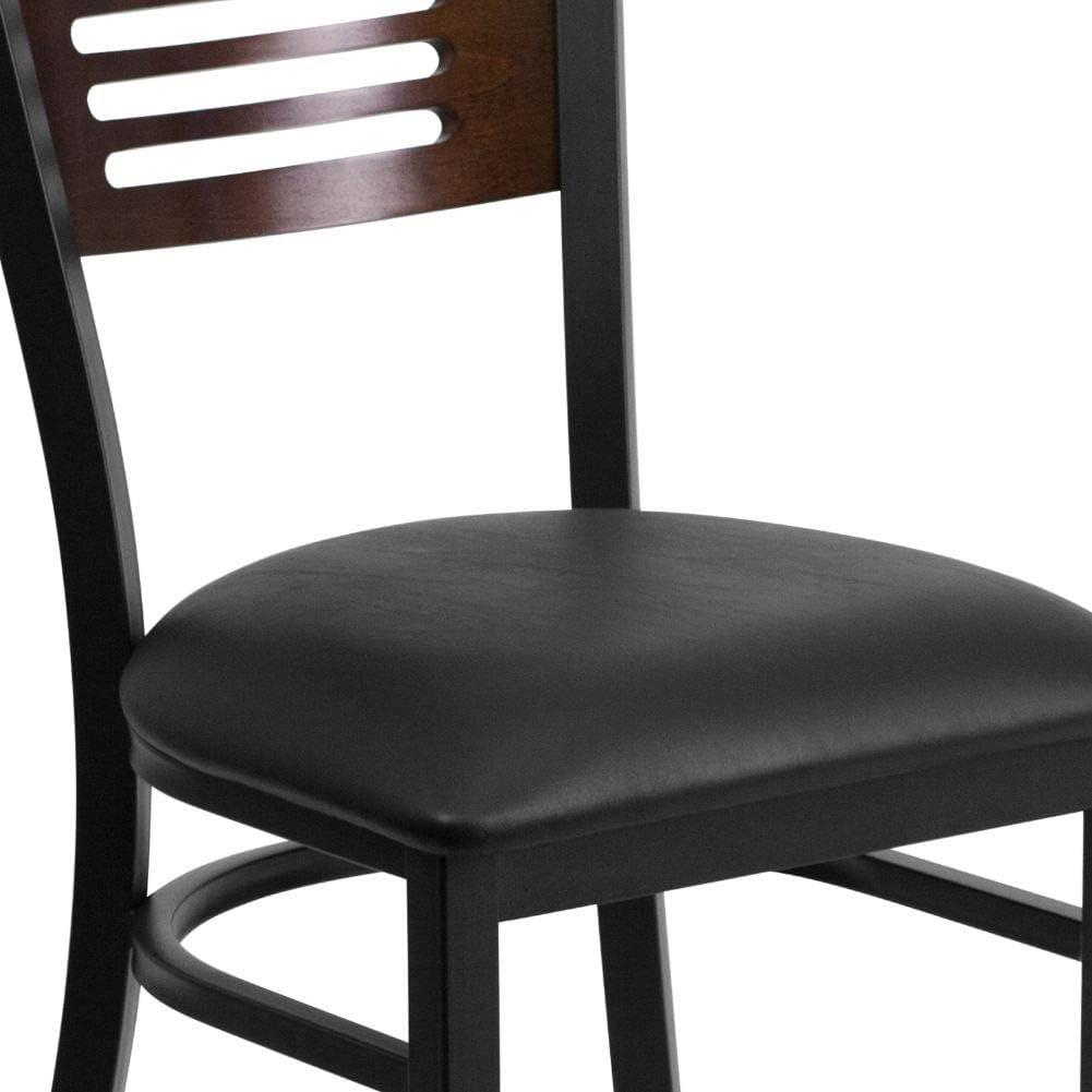imageFlash Furniture HERCULES Series Black Slat Back Metal Restaurant Chair Walnut Wood Back Black Vinyl SeatWalnut Wood BackBlack Vinyl SeatBlack Metal Frame