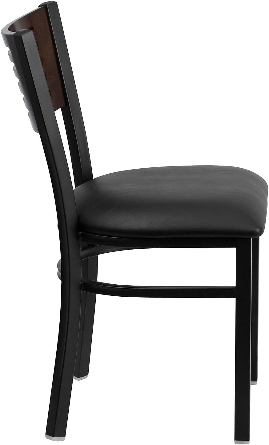 imageFlash Furniture HERCULES Series Black Slat Back Metal Restaurant Chair Walnut Wood Back Black Vinyl SeatWalnut Wood BackBlack Vinyl SeatBlack Metal Frame