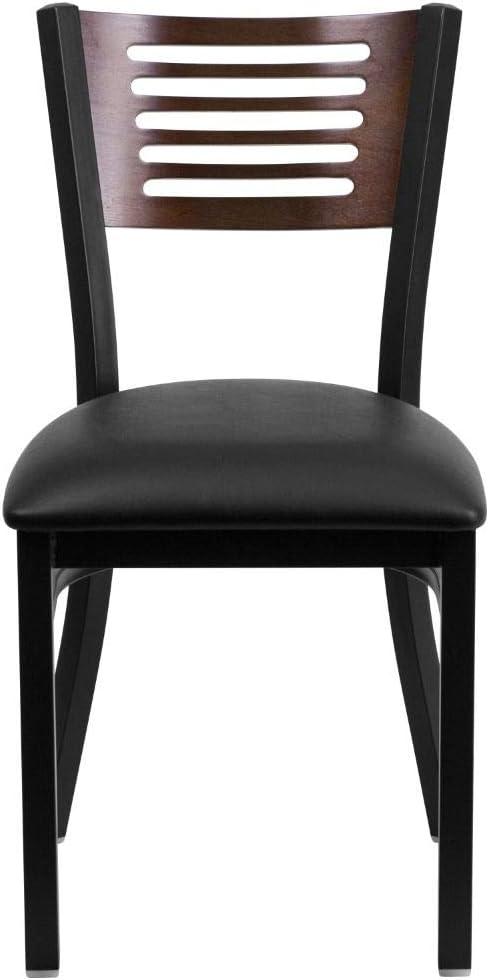imageFlash Furniture HERCULES Series Black Slat Back Metal Restaurant Chair Walnut Wood Back Black Vinyl SeatWalnut Wood BackBlack Vinyl SeatBlack Metal Frame