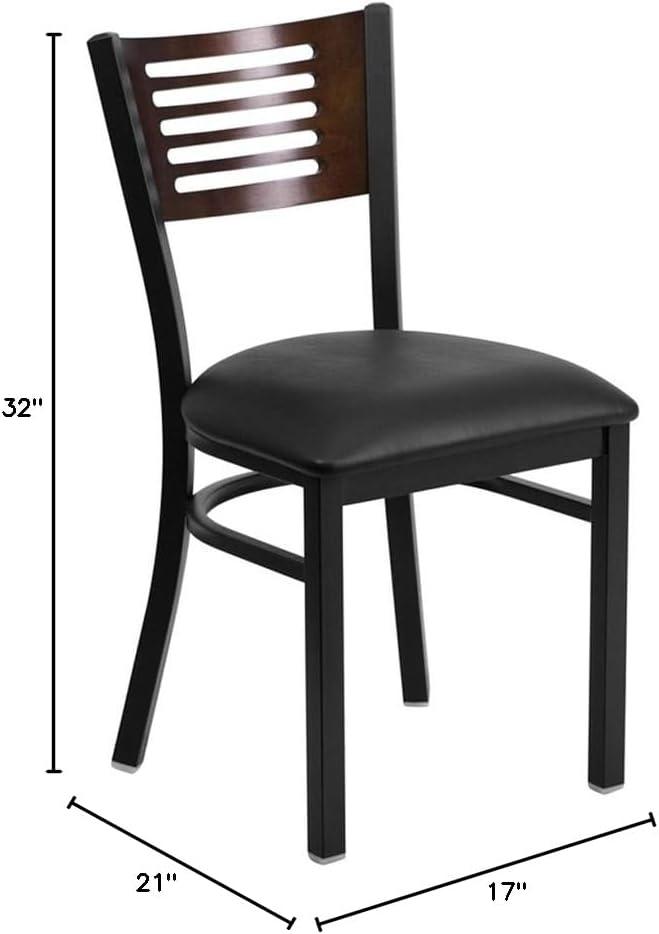 imageFlash Furniture HERCULES Series Black Slat Back Metal Restaurant Chair Walnut Wood Back Black Vinyl SeatWalnut Wood BackBlack Vinyl SeatBlack Metal Frame