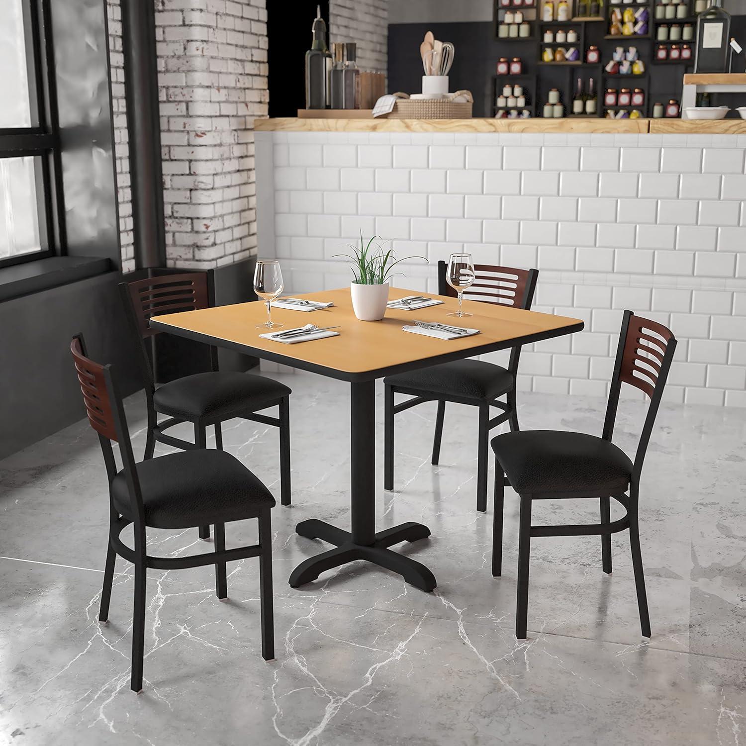 imageFlash Furniture HERCULES Series Black Slat Back Metal Restaurant Chair Walnut Wood Back Black Vinyl SeatWalnut Wood BackBlack Vinyl SeatBlack Metal Frame