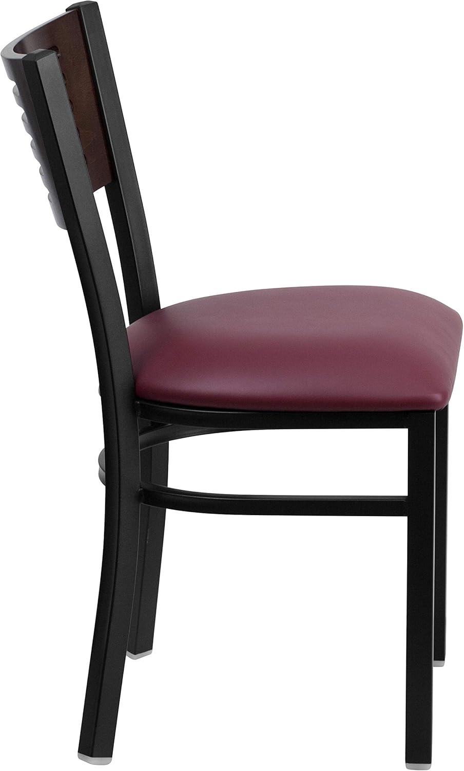 imageFlash Furniture HERCULES Series Black Slat Back Metal Restaurant Chair Walnut Wood Back Black Vinyl SeatWalnut Wood BackBurgundy Vinyl SeatBlack Metal Frame