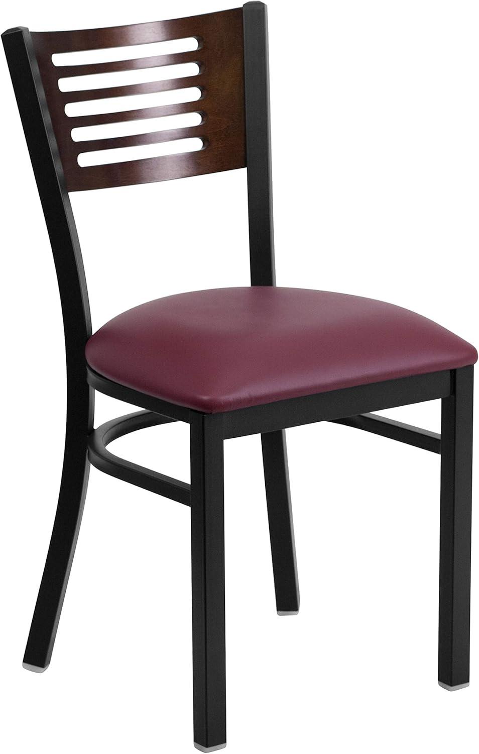 imageFlash Furniture HERCULES Series Black Slat Back Metal Restaurant Chair Walnut Wood Back Black Vinyl SeatWalnut Wood BackBurgundy Vinyl SeatBlack Metal Frame