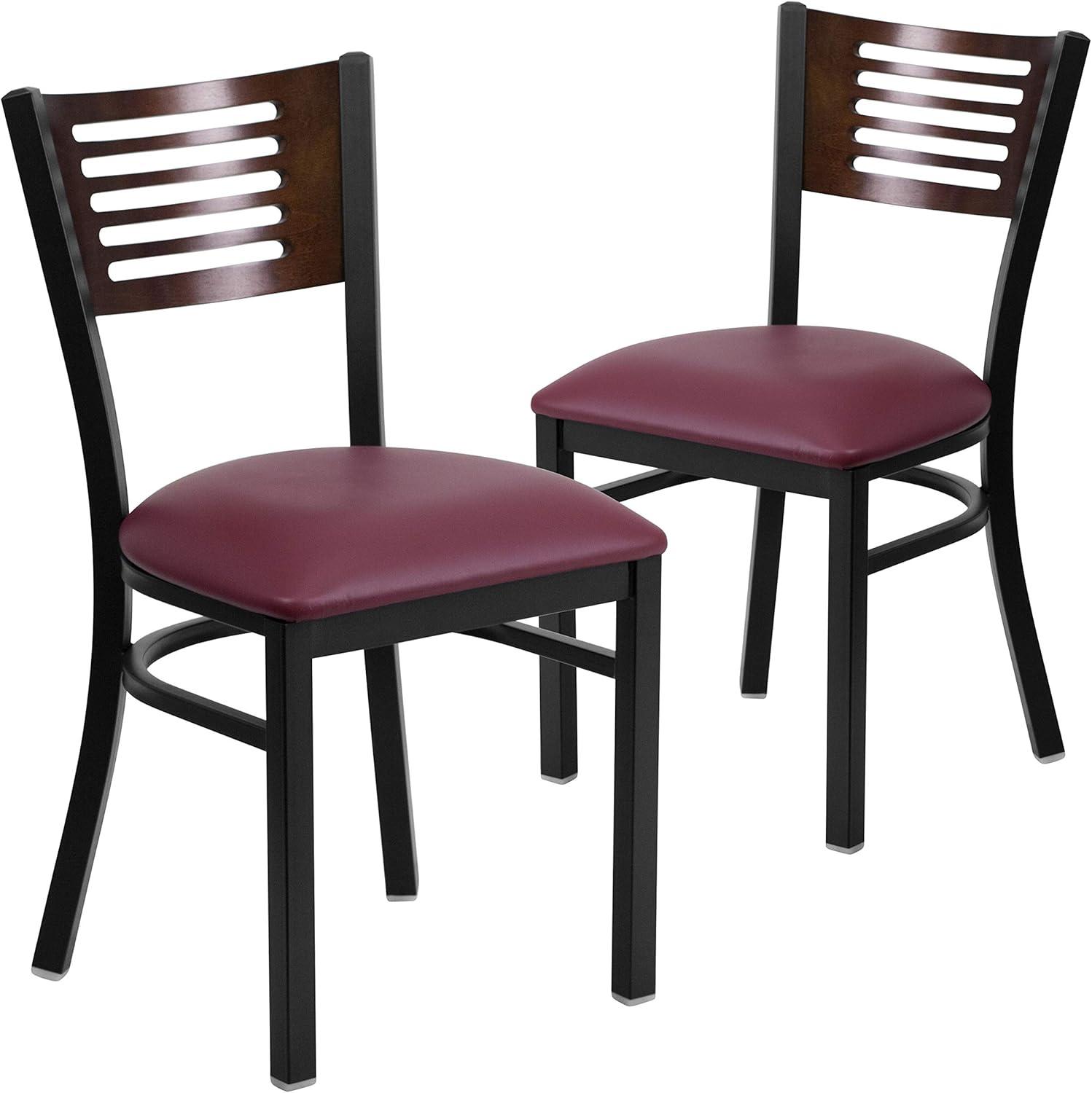 imageFlash Furniture HERCULES Series Black Slat Back Metal Restaurant Chair Walnut Wood Back Black Vinyl SeatWalnut Wood BackBurgundy Vinyl SeatBlack Metal Frame