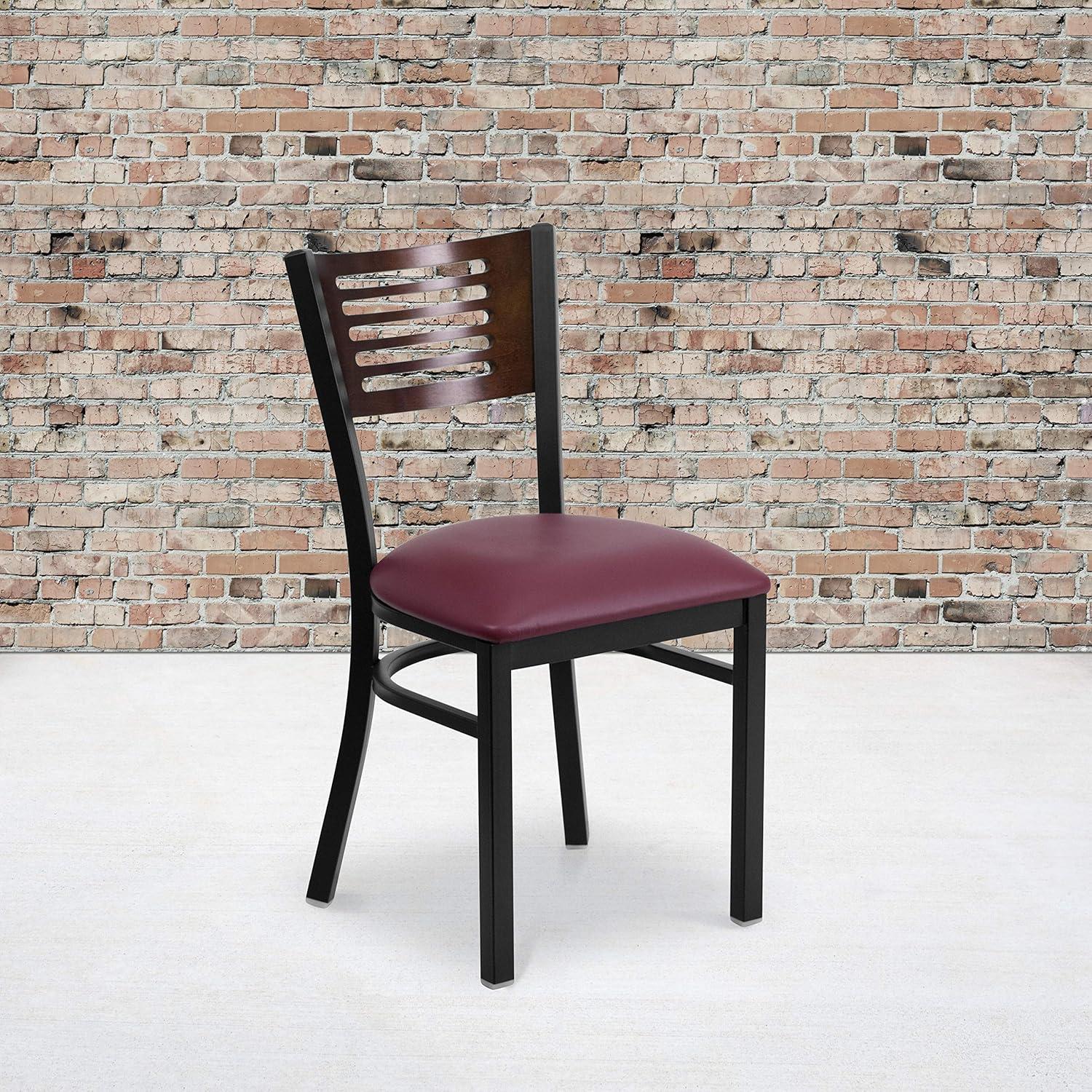 imageFlash Furniture HERCULES Series Black Slat Back Metal Restaurant Chair Walnut Wood Back Black Vinyl SeatWalnut Wood BackBurgundy Vinyl SeatBlack Metal Frame