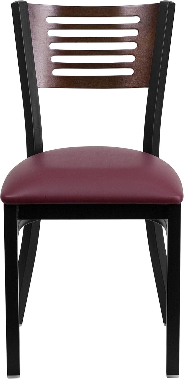 imageFlash Furniture HERCULES Series Black Slat Back Metal Restaurant Chair Walnut Wood Back Black Vinyl SeatWalnut Wood BackBurgundy Vinyl SeatBlack Metal Frame