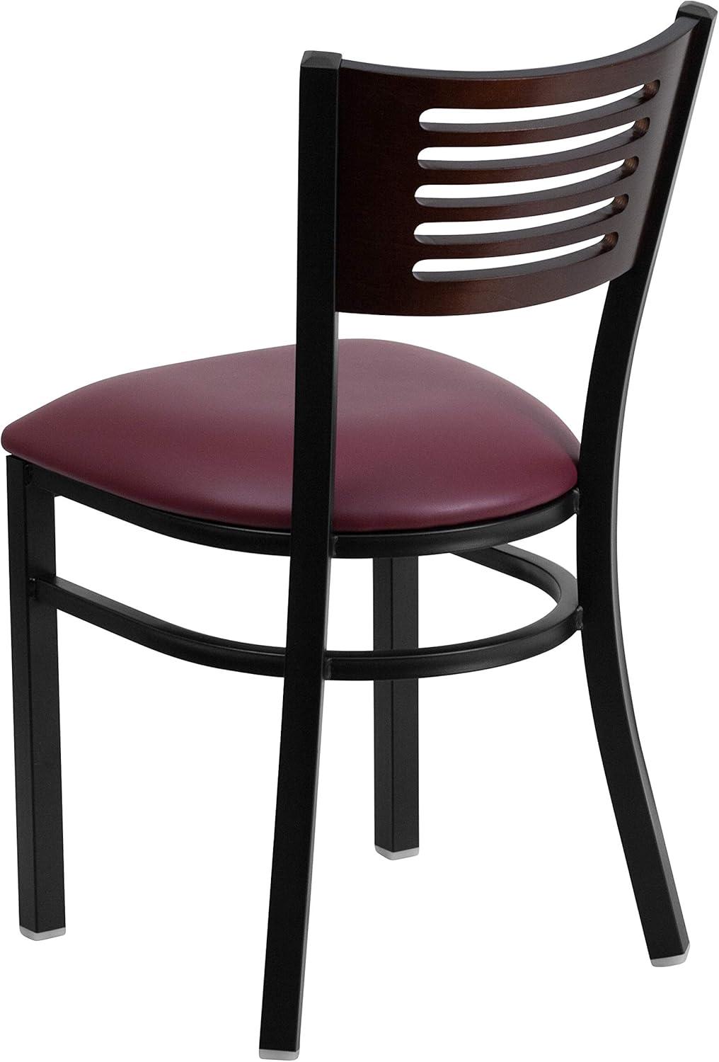 imageFlash Furniture HERCULES Series Black Slat Back Metal Restaurant Chair Walnut Wood Back Black Vinyl SeatWalnut Wood BackBurgundy Vinyl SeatBlack Metal Frame