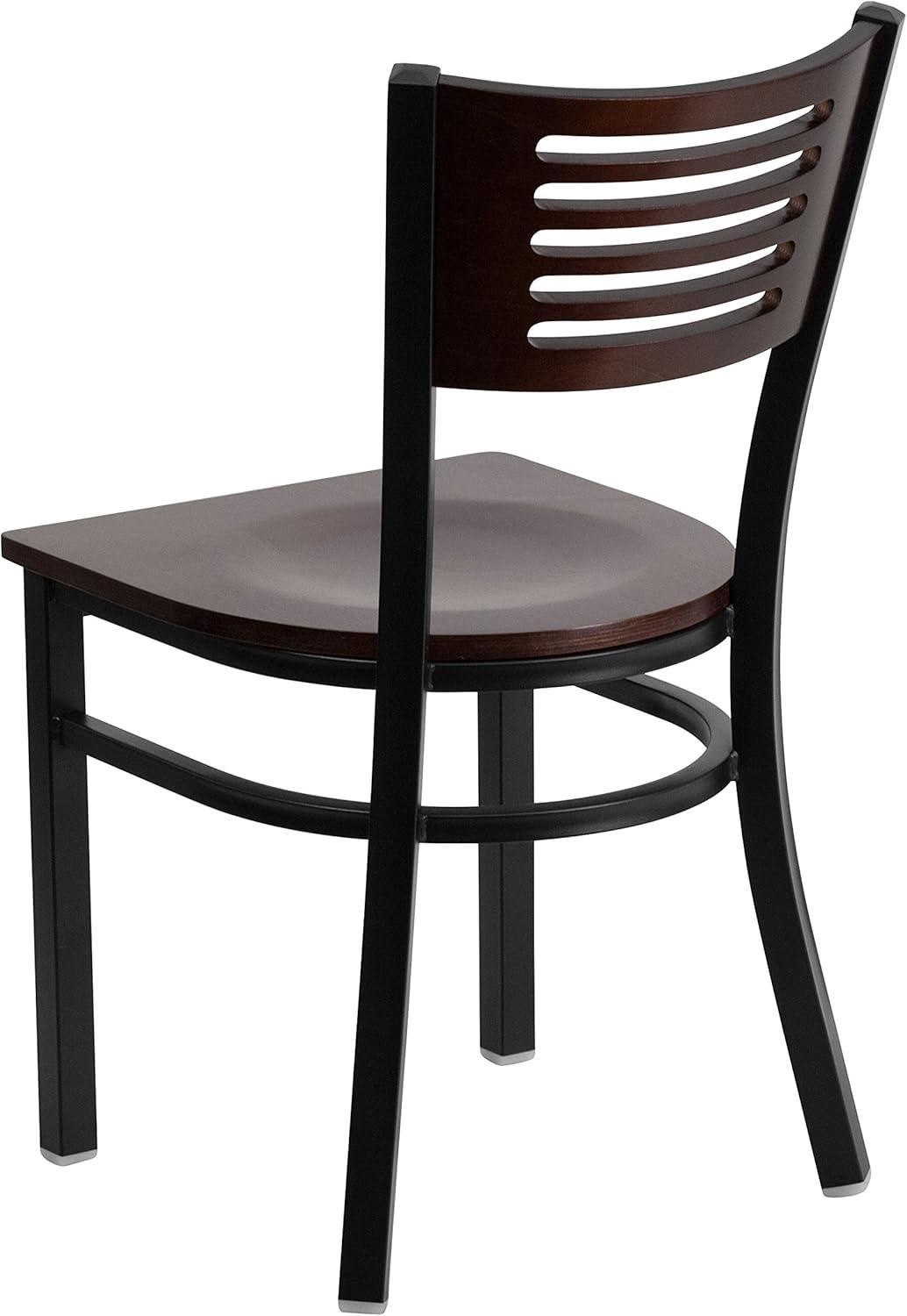 imageFlash Furniture HERCULES Series Black Slat Back Metal Restaurant Chair Walnut Wood Back Black Vinyl SeatWalnut Wood BackWalnut Wood SeatBlack Metal Frame