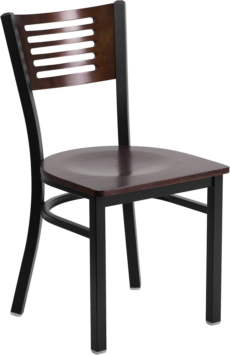 imageFlash Furniture HERCULES Series Black Slat Back Metal Restaurant Chair Walnut Wood Back Black Vinyl SeatWalnut Wood BackWalnut Wood SeatBlack Metal Frame